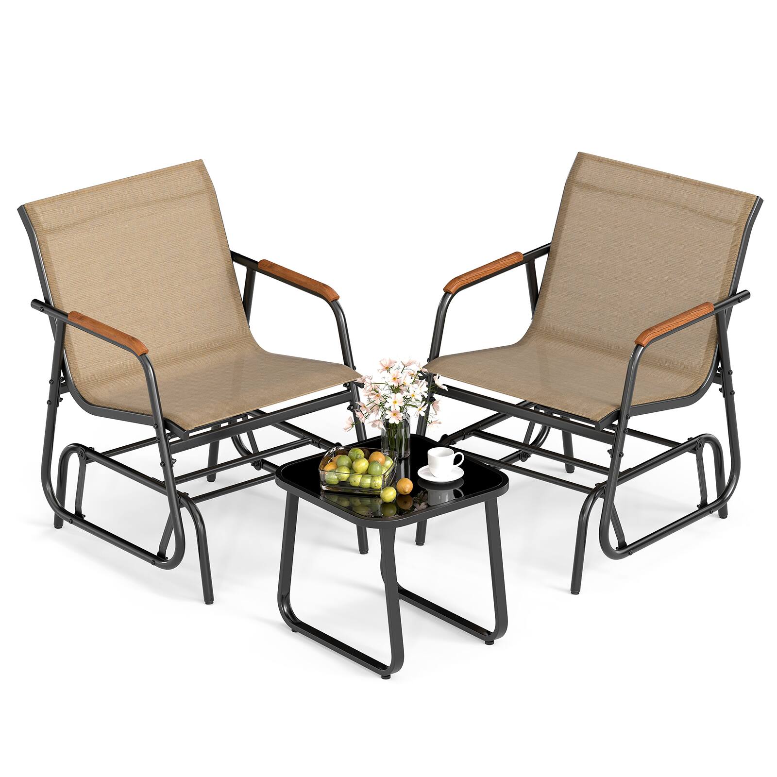 Front. Gymax - Gymax 3 Piece Outdoor Gliding Set w/ Tempered Glass Coffee Table Teak Wood Armrests - Black, Brown.
