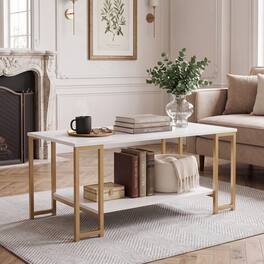 WELLFOR - 39.5" Coffee Table with Open Shelf & Metal Leg, Modern Accent Table Cocktail Tea Table for Living Room - White