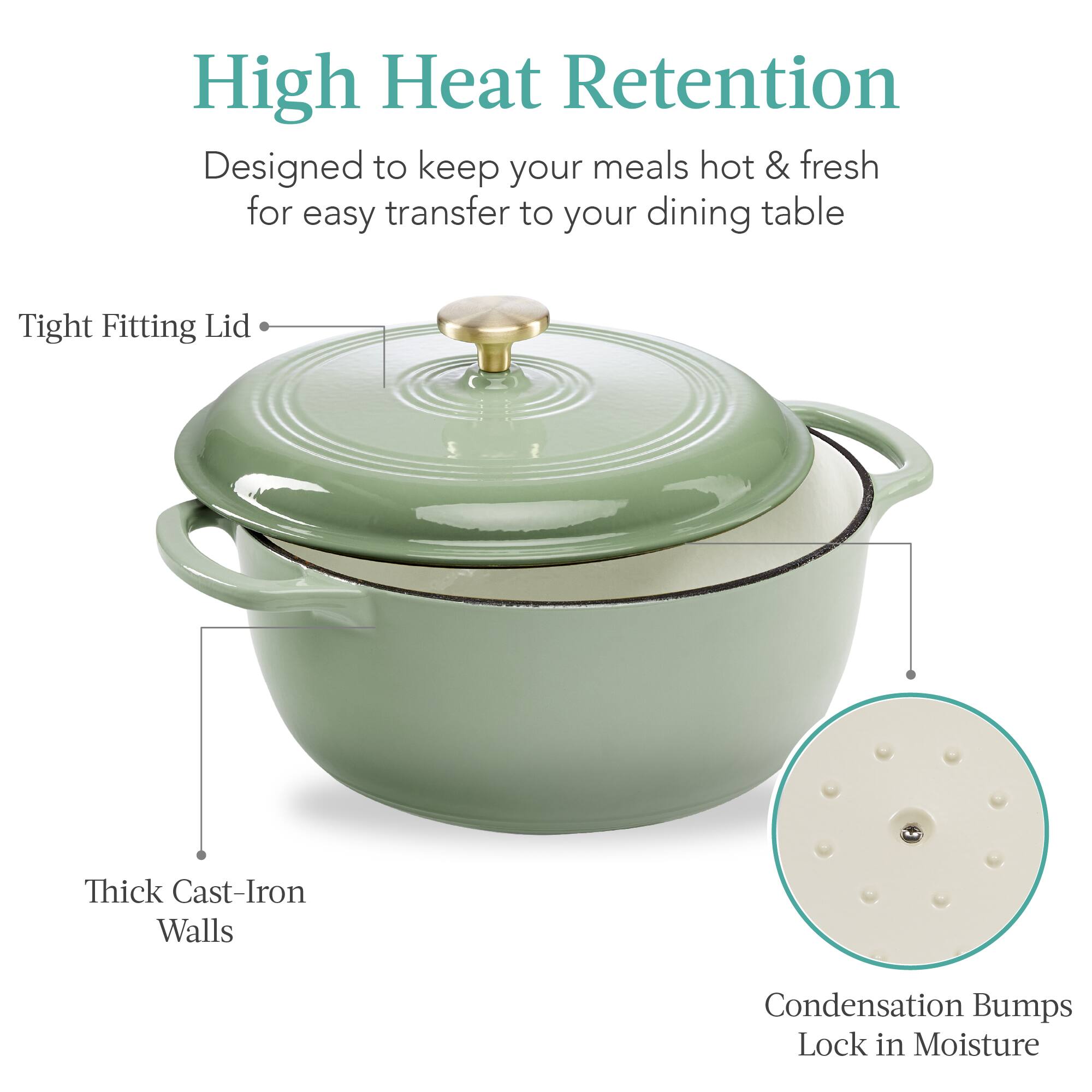 High Heat Retention  
Designed to keep your meals hot & fresh for easy transfer to your dining table  

- Tight Fitting Lid  
- Thick Cast-Iron Walls  
- Condensation Bumps Lock in Moisture