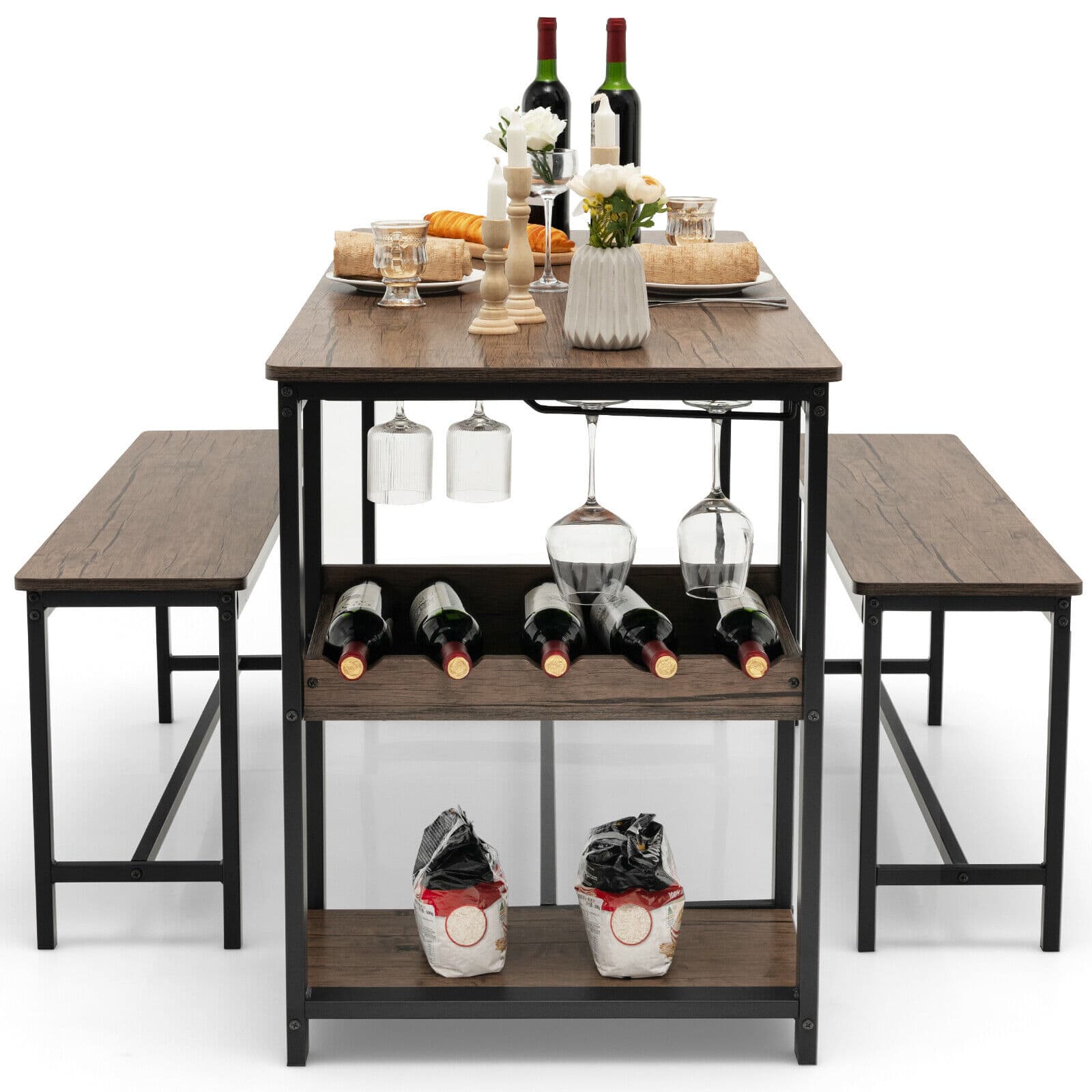 Ecooso - 3 Piece Dining Table Set with Built in Wine Rack for Small Dining Room - Gray