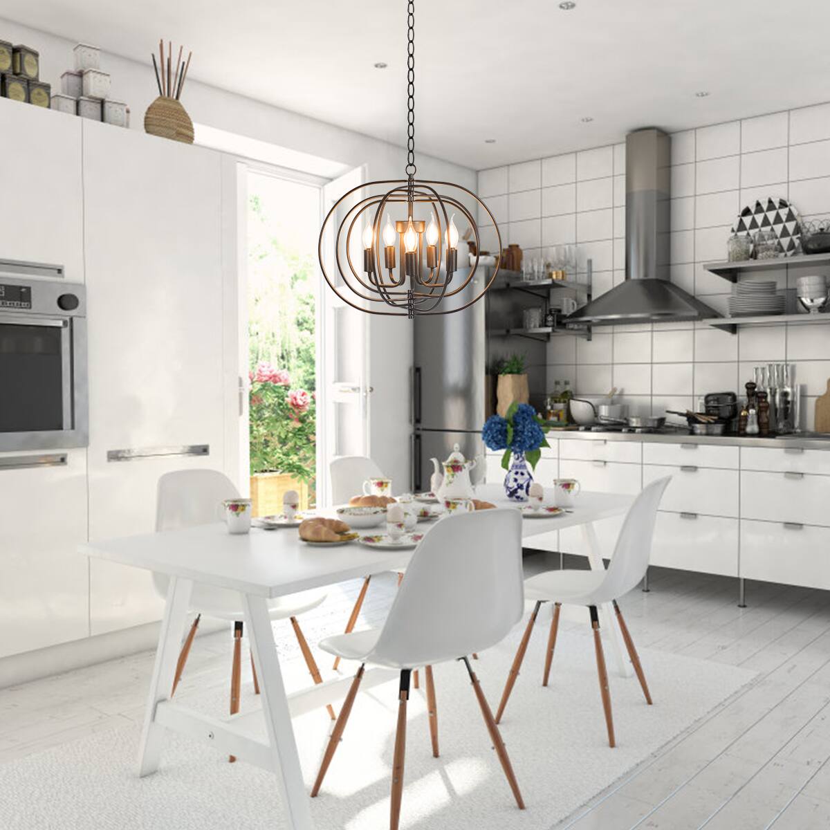 Alt View 3. Costway - Costway 16" 5-Light Metal Pendant Chandelier w/ Iron Chain Pivoting Interlocking Rings - Black.