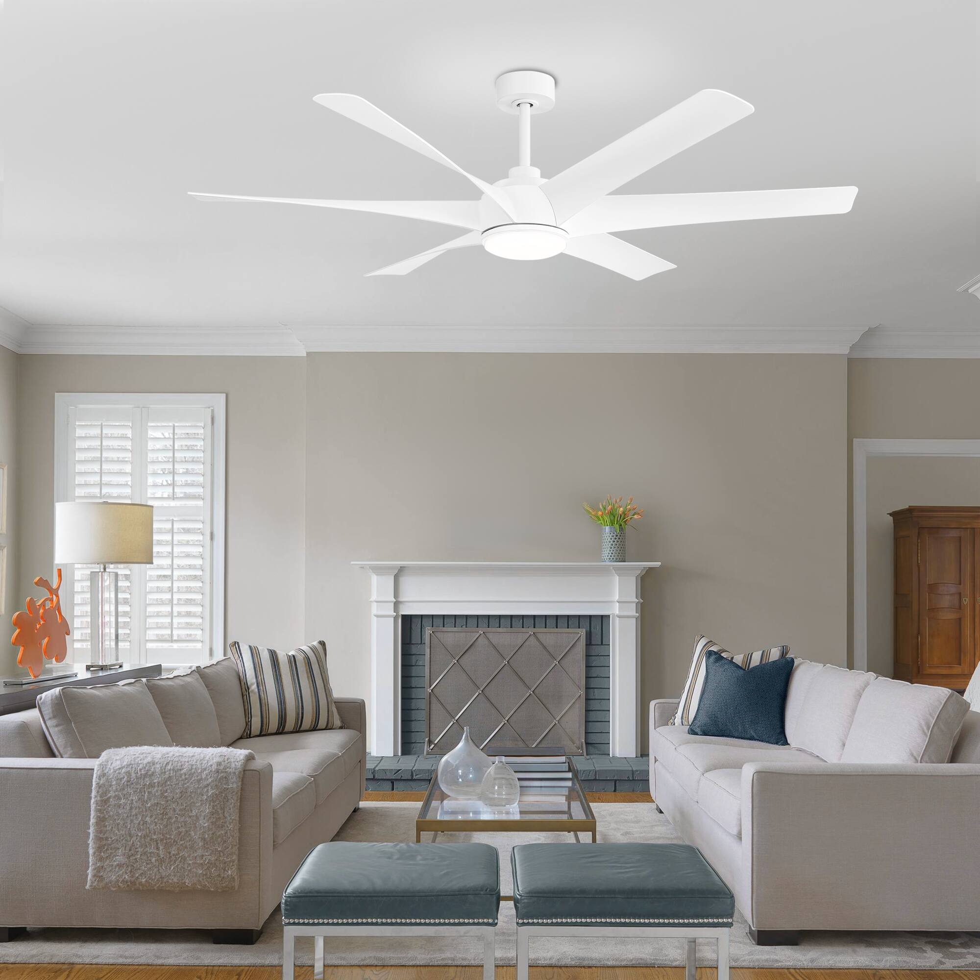 Alt View 2. Breezary - 65" Large Indoor Ceiling Fan with Remote Control, 6 ABS Blades, 6-Speed DC Motor, 7"/12" Downrods, Light/No Light Option - Matte White (With Light).