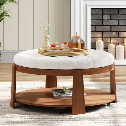 Front. GOODSILO - Large Round Ottoman Coffee Table with Storage Shelf and Wheels - Modern Tufted Upholstered Living Room Furniture - Ivory White.
