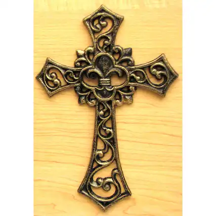 Front. BreeBe - Fleur De Lis Cast Iron Cross - Gold.