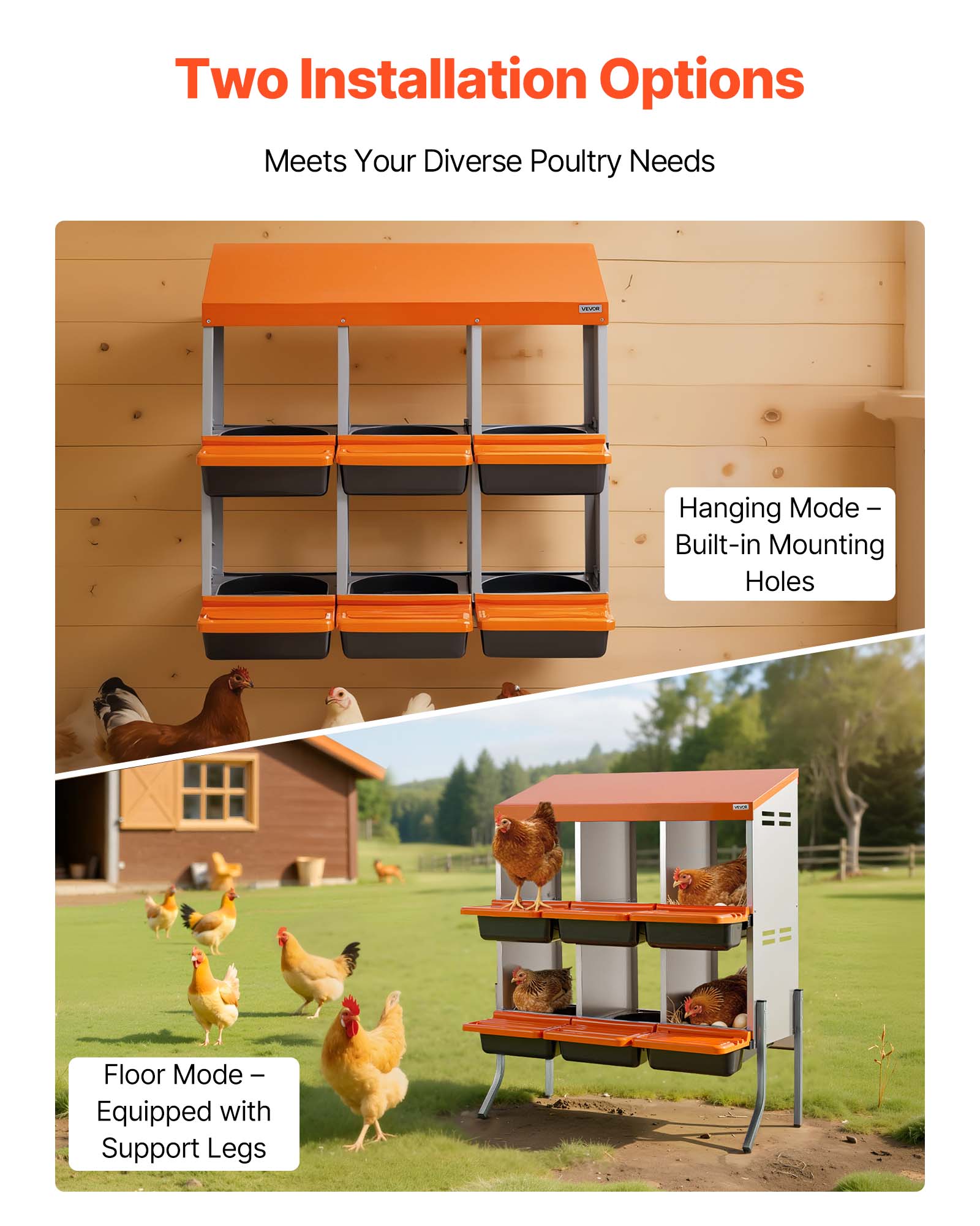 Two Installation Options  
Meets Your Diverse Poultry Needs  

- Hanging Mode - Built-in Mounting Holes  
- Floor Mode - Equipped with Support Legs