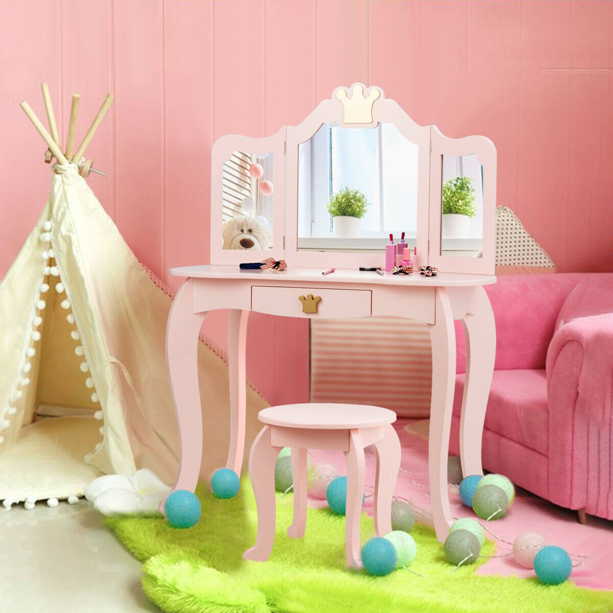 Alt View 1. Costway - Costway Kids Makeup Dressing Table Chair Set Princess Vanity & Tri-folding Mirror - Pink.