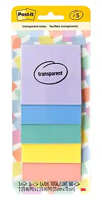 Post-it
Transparent Notes
Feuilles Transparents
5 x 36 EA/CH
TOTAL/CONT 180
27/8 N/PO x 27/8 N/PO (73 mm x 73 mm)
3M