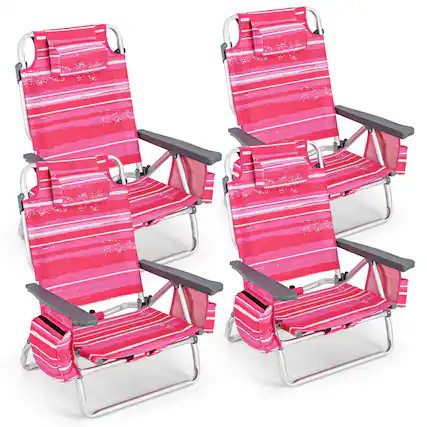 Front. Costway - 4-Pack Folding Backpack Beach Chair 5-Position Outdoor Reclining Chairs with Pillow - Dark Pink.