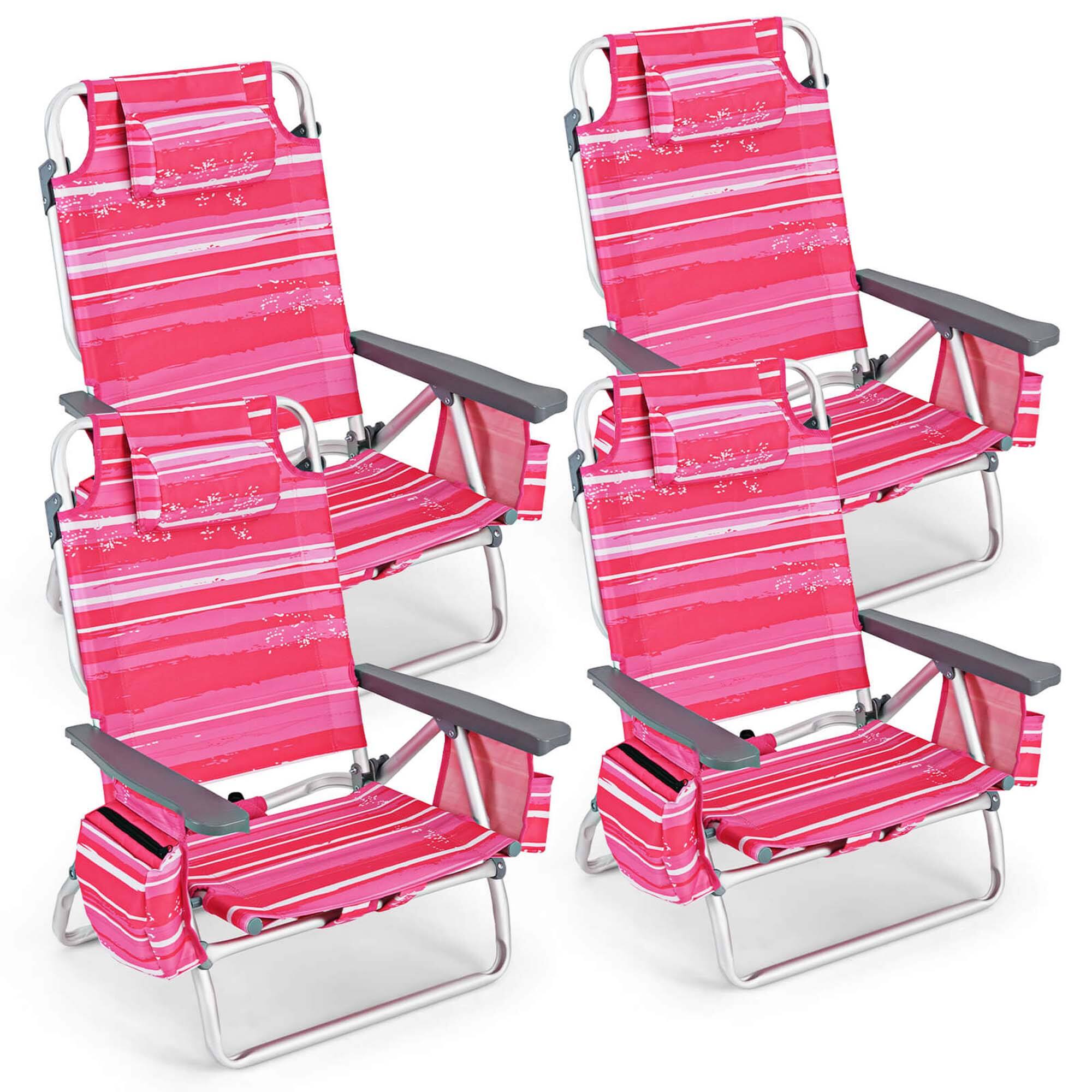 Costway - 4-Pack Folding Backpack Beach Chair 5-Position Outdoor Reclining Chairs with Pillow - Dark Pink