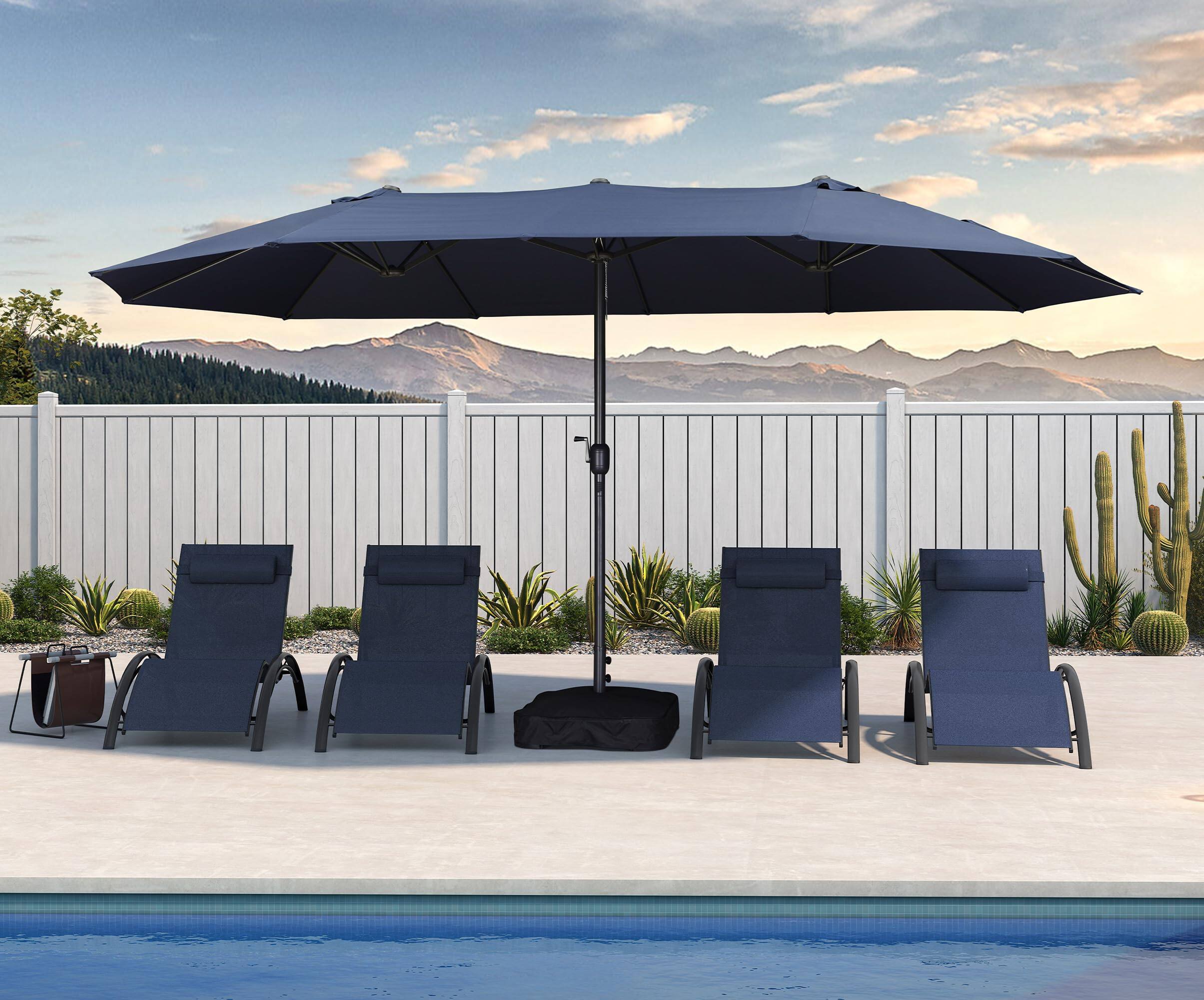 Front. PURPLE LEAF - 15 ft. Patio Market Umbrella with Base Double-Sided Outdoor Table Sun Umbrellas with Crank for Pool Beach Deck Backyard - Navy Blue.