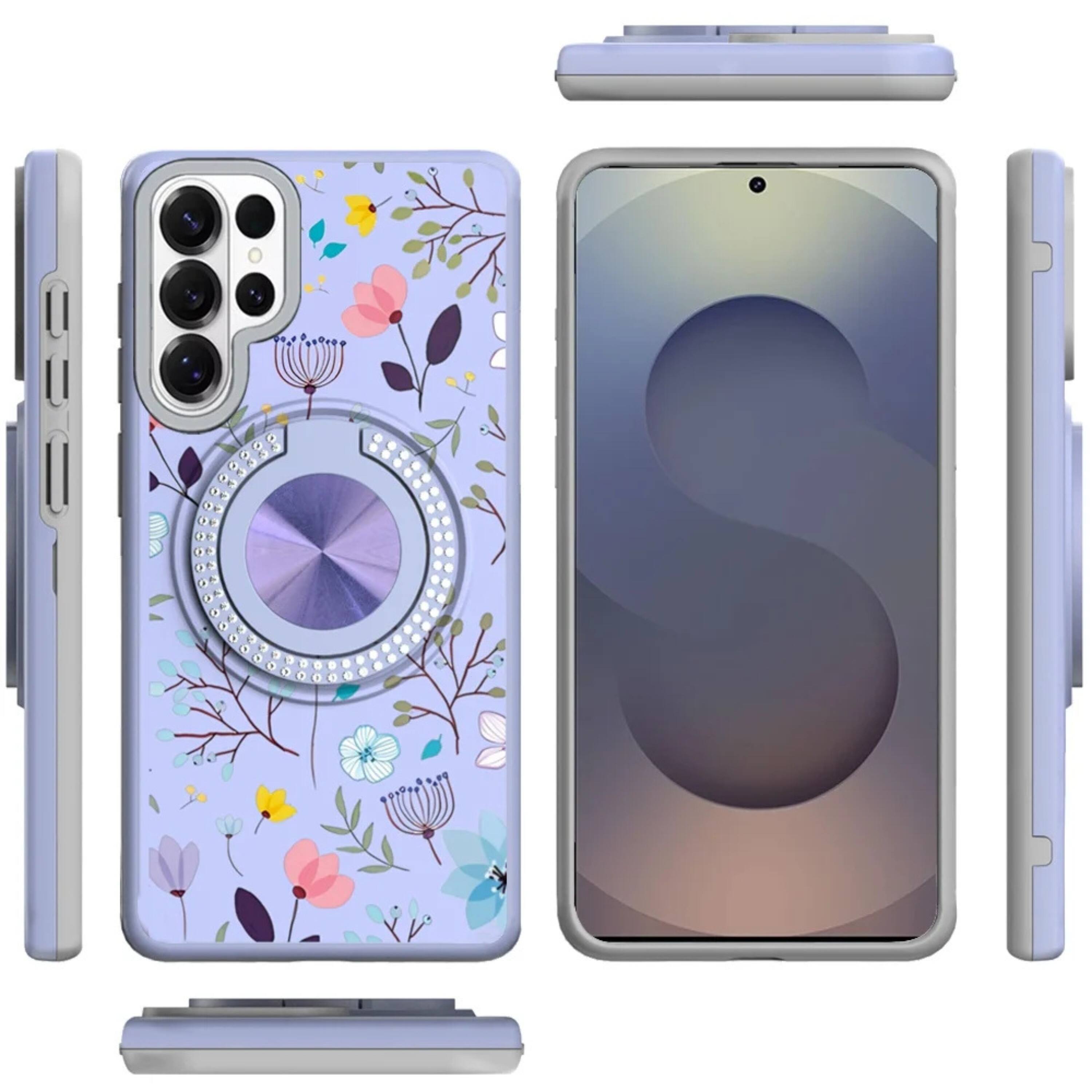 Angle. Kitcheniva - Stylish Bling Ring Stand Protective Case With Tempered Glass For Samsung S26 Ultra Lavender Floral - Lavender.