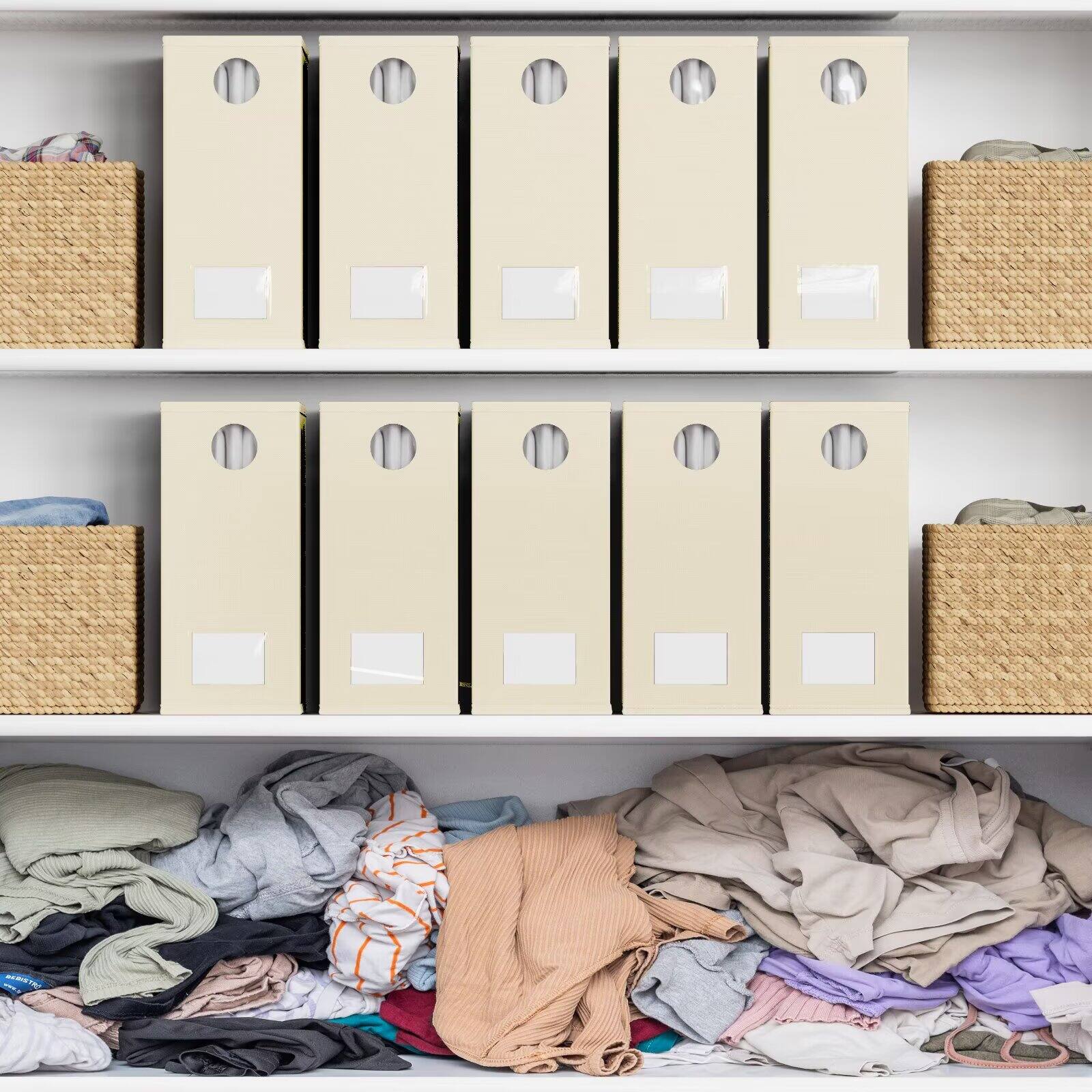 Back. Tooloton - Bed Sheet Organizers 10 Pack, Linen Closet Storage with Window, Queen King Size Bedding Container, Beige - Beige.