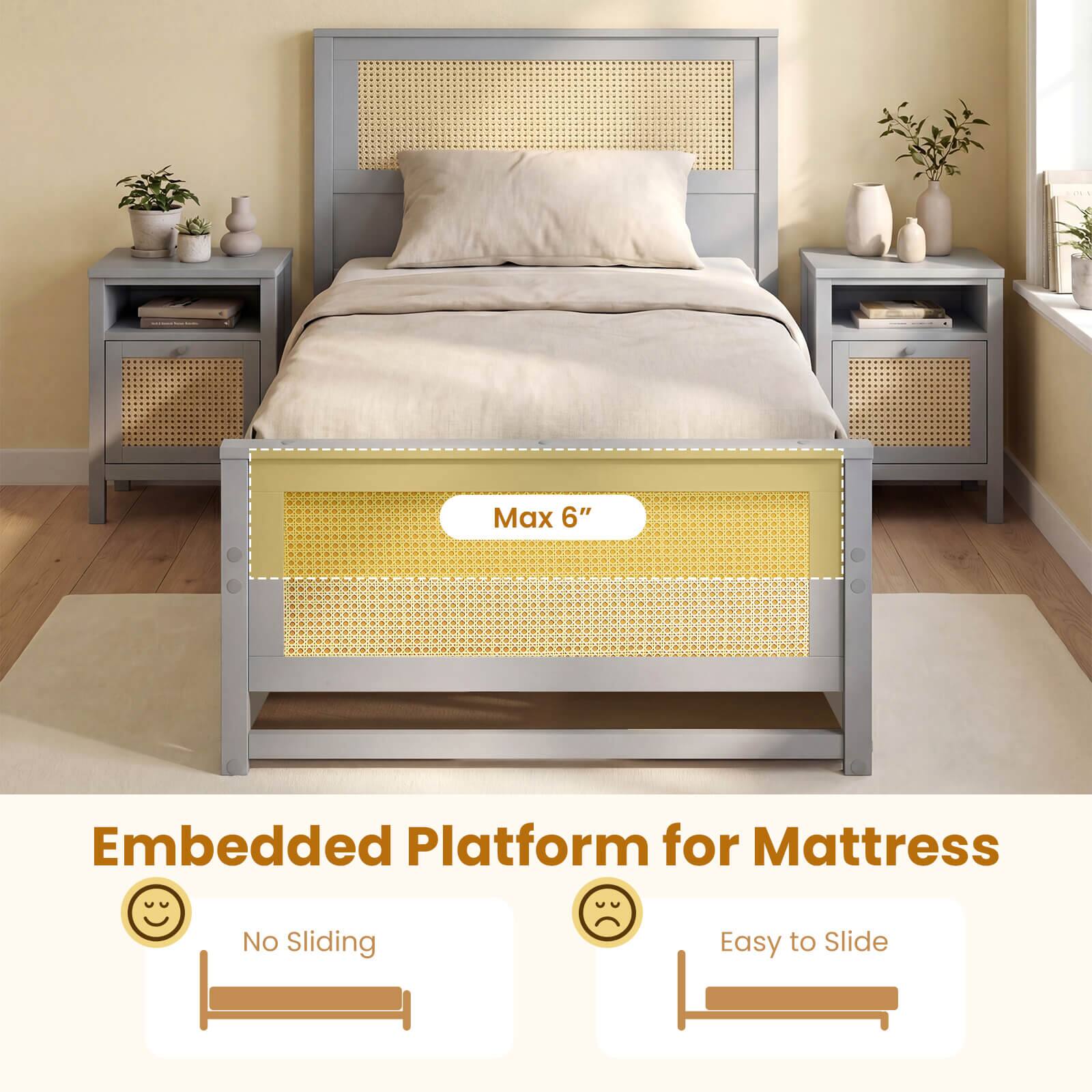 Max 6" Embedded Platform for Mattress  
No Sliding  
Easy to Slide