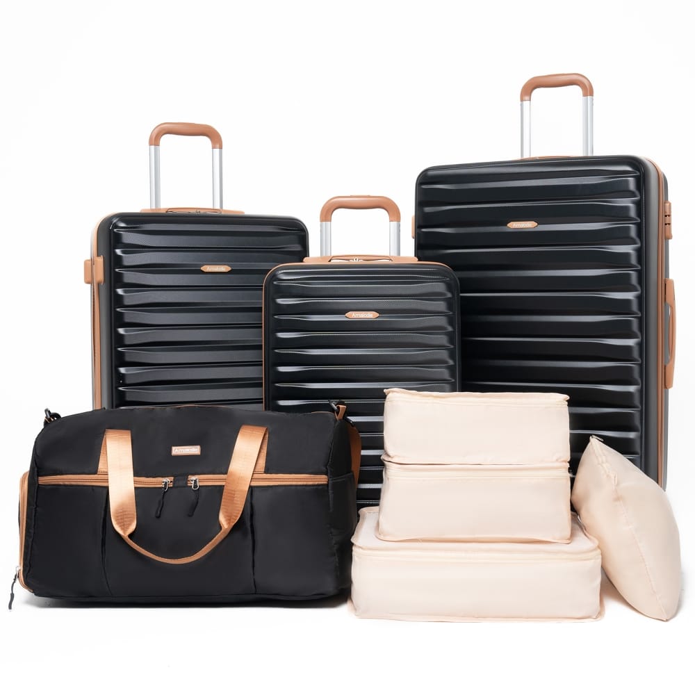 Ropilly - 8 Piece Hard Shell Luggage Set ABS+PC Spinner Suitcase Set with TSA Lock - Black