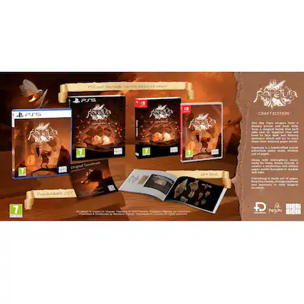 PS5 and Nintendo Switch exclusive cases
Papetura Craft Edition
One day Pape escapes from a fiery prison and finds that he'll have to face dark and flaming monsters which will try to burn down their beloved paper world. Papetura is a handcrafted puzzle adventure game made entirely out of paper. Along with atmospheric music made by Floes, Tomas Dvorak creates a mysterious and unique paper world shrouded in shadow and light. Everything is made out of paper, from tiny insects, strange creatures and monsters to truly magical locations.
Original Soundtrack
Downloadable OST
All design is subject to change. Papetura © 2024 Patuma. Published digitally by Fearless. Papetura All rights reserved. Published & Distributed by Meridian Games. Developed by Patuma.
Art book
Craft Edition
PS5 and Nintendo Switch exclusive cases
Papetura Craft Edition
One day Pape escapes from a fiery prison and finds that he'll have to face dark and flaming monsters which will try to burn down their beloved paper world. Papetura is a handcrafted puzzle adventure game made entirely out of paper. Along with atmospheric music made by Floes, Tomas Dvorak creates a mysterious and unique paper world shrouded - E10+ (Everyone 10+)
