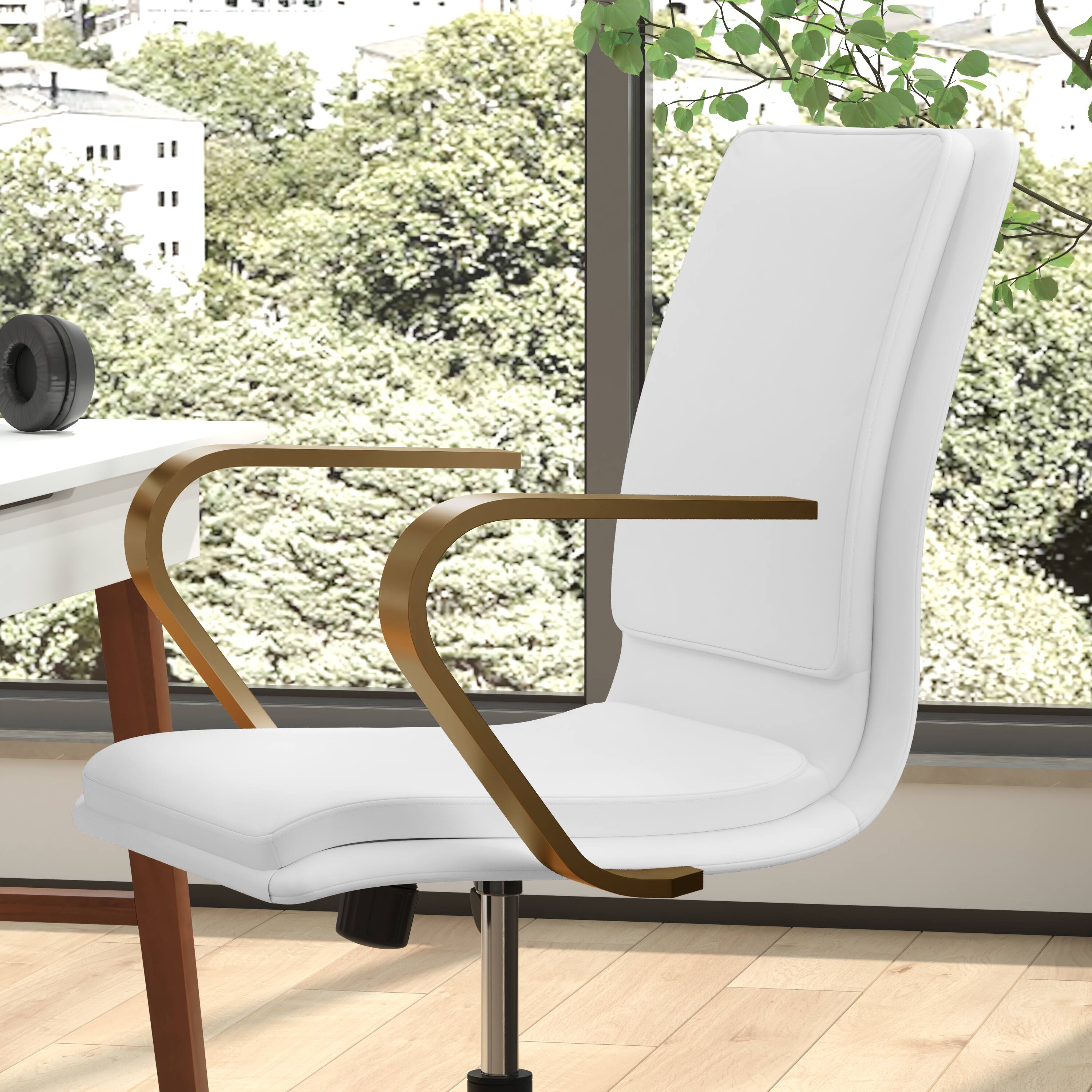 Alt View 4. Emma + Oliver - Ziva Modern Upholstered Mid-Back Home Office Chair with Arms and 5 Star Base - White LeatherSoft/Gold Frame.