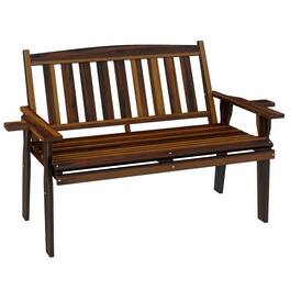 Outsunny - Wood Outdoor Bench, 2-Person Garden Bench with Cupholder Armrests, Slatted Seat and Backrest - Carbonized
