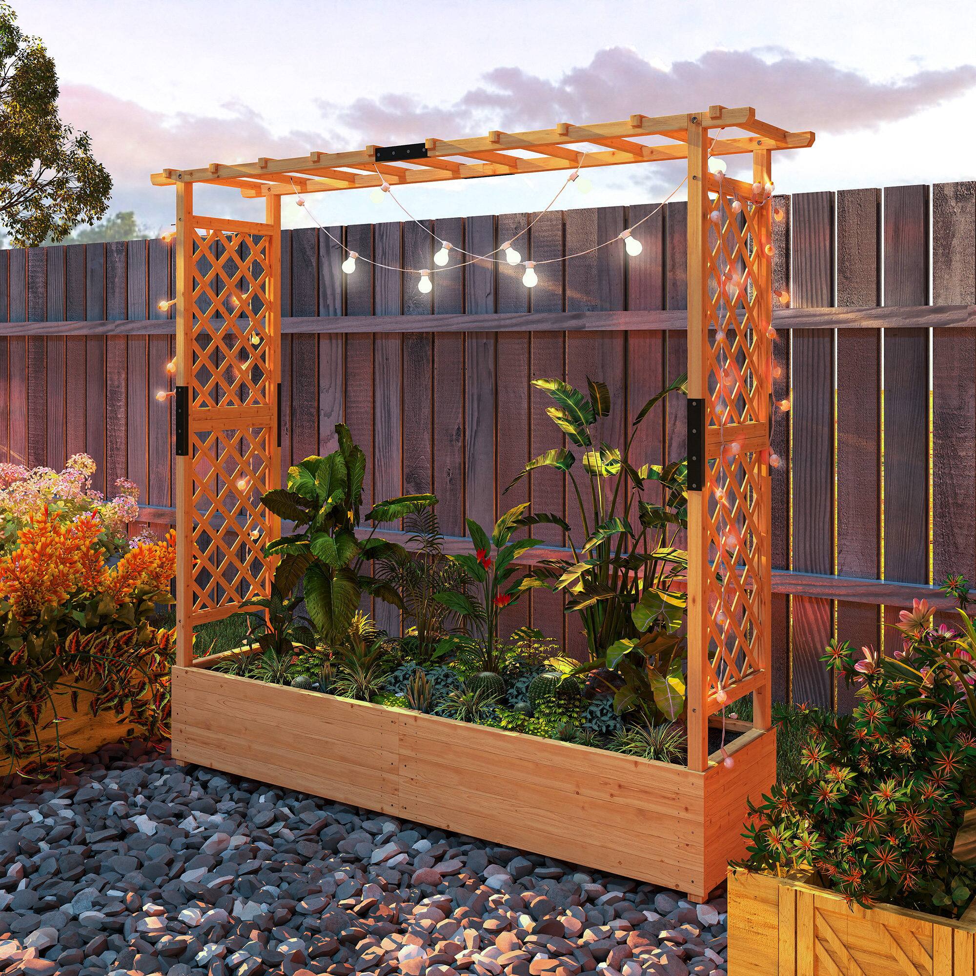 Alt View 8. Outsunny - Raised Garden Bed with Trellis, Wooden Planter Box with Hanging Roof and Drainage Holes.