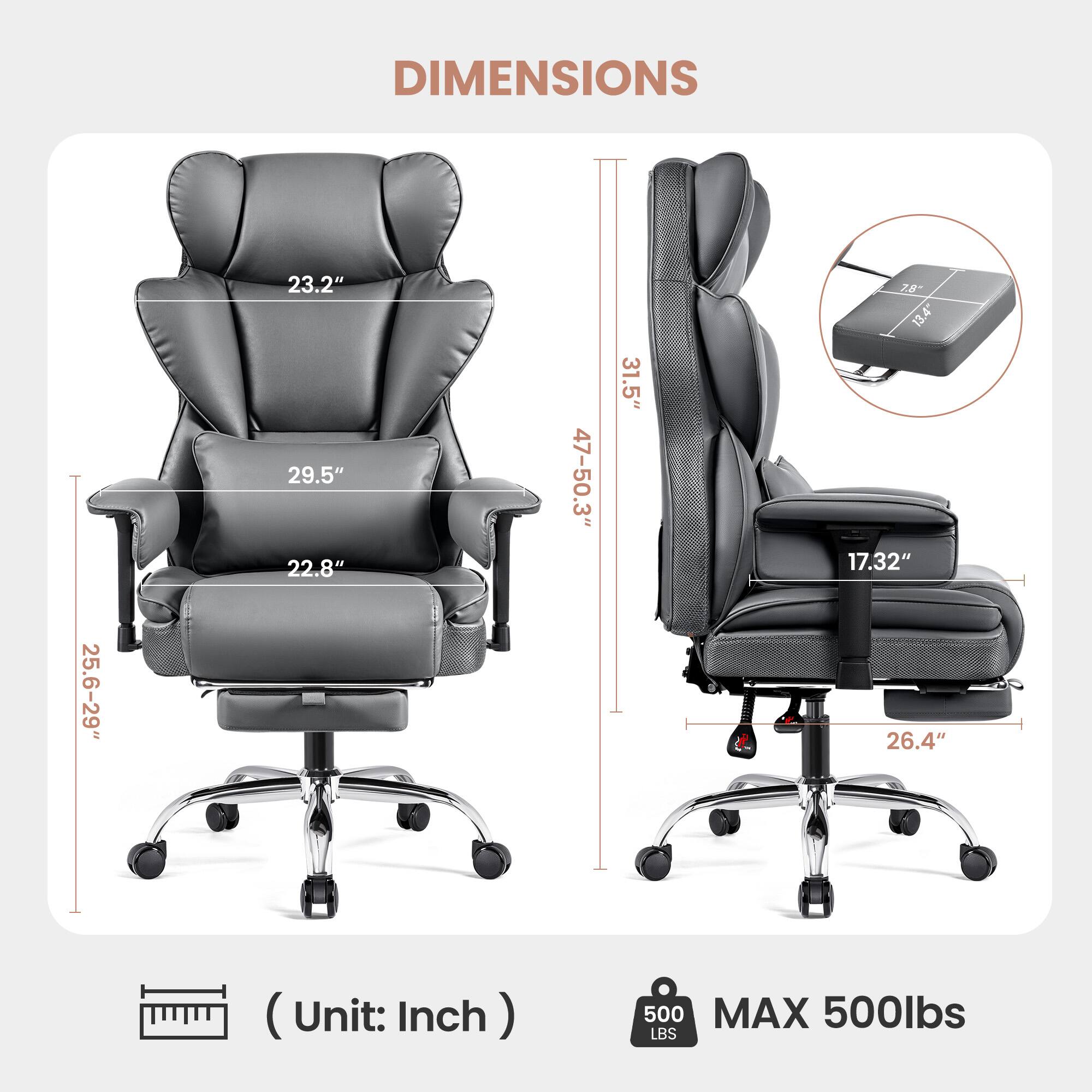 DIMENSIONS

- 23.2"
- 29.5"
- 22.8"
- 47-50.3"
- 31.5"
- 17.32"
- 25.6-29"
- 26.4"

(Unit: Inch)

MAX 500lbs