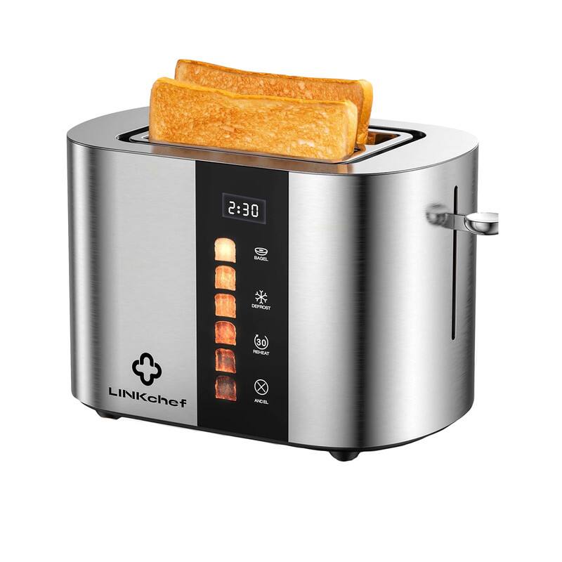 LINKChef - 800W 2-Slice Wide Slot Toaster with Touch Screen Control & Removable Crumb Tray - Stainless Steel