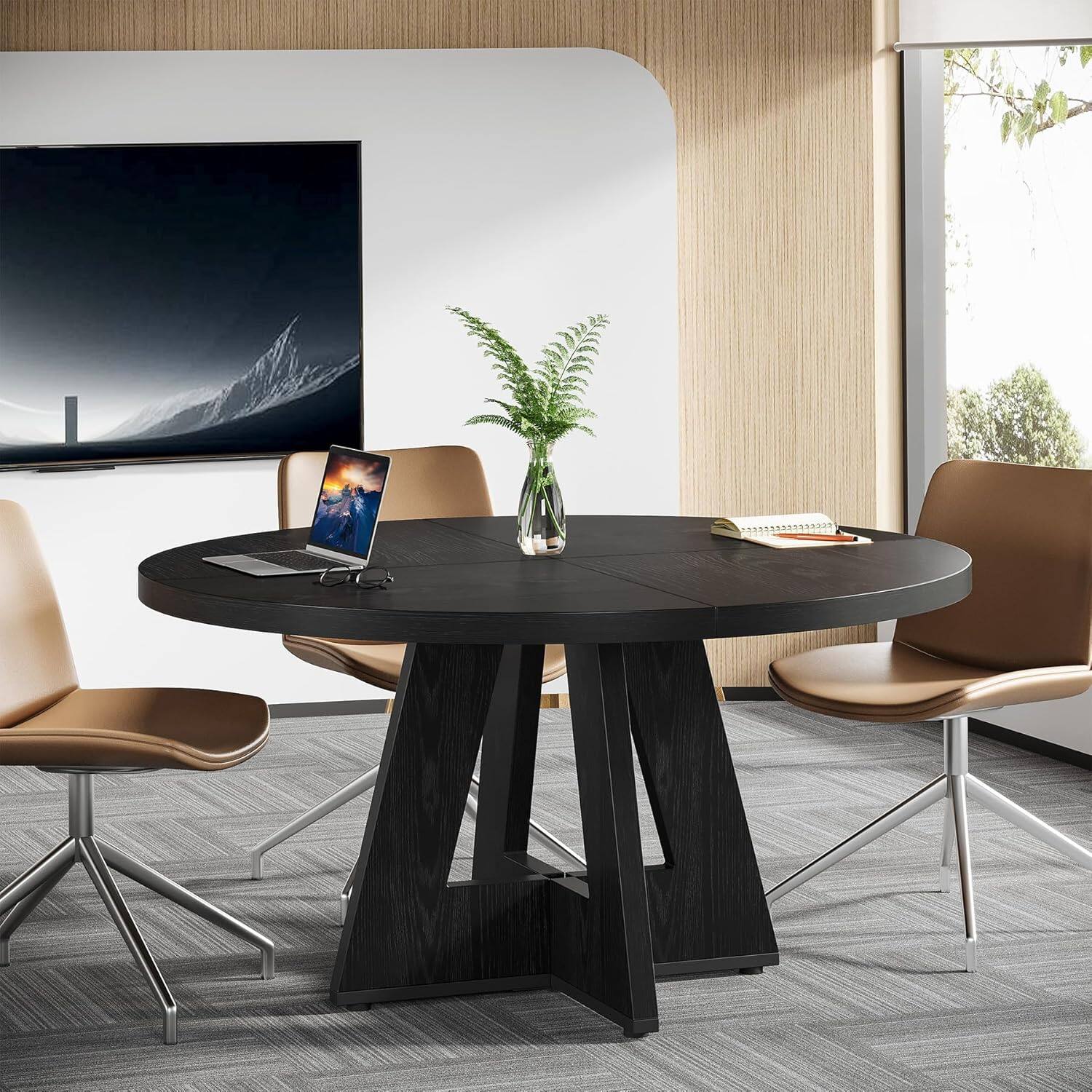 Tribesigns Round Conference Table with Wood Construction and Adjustable ...