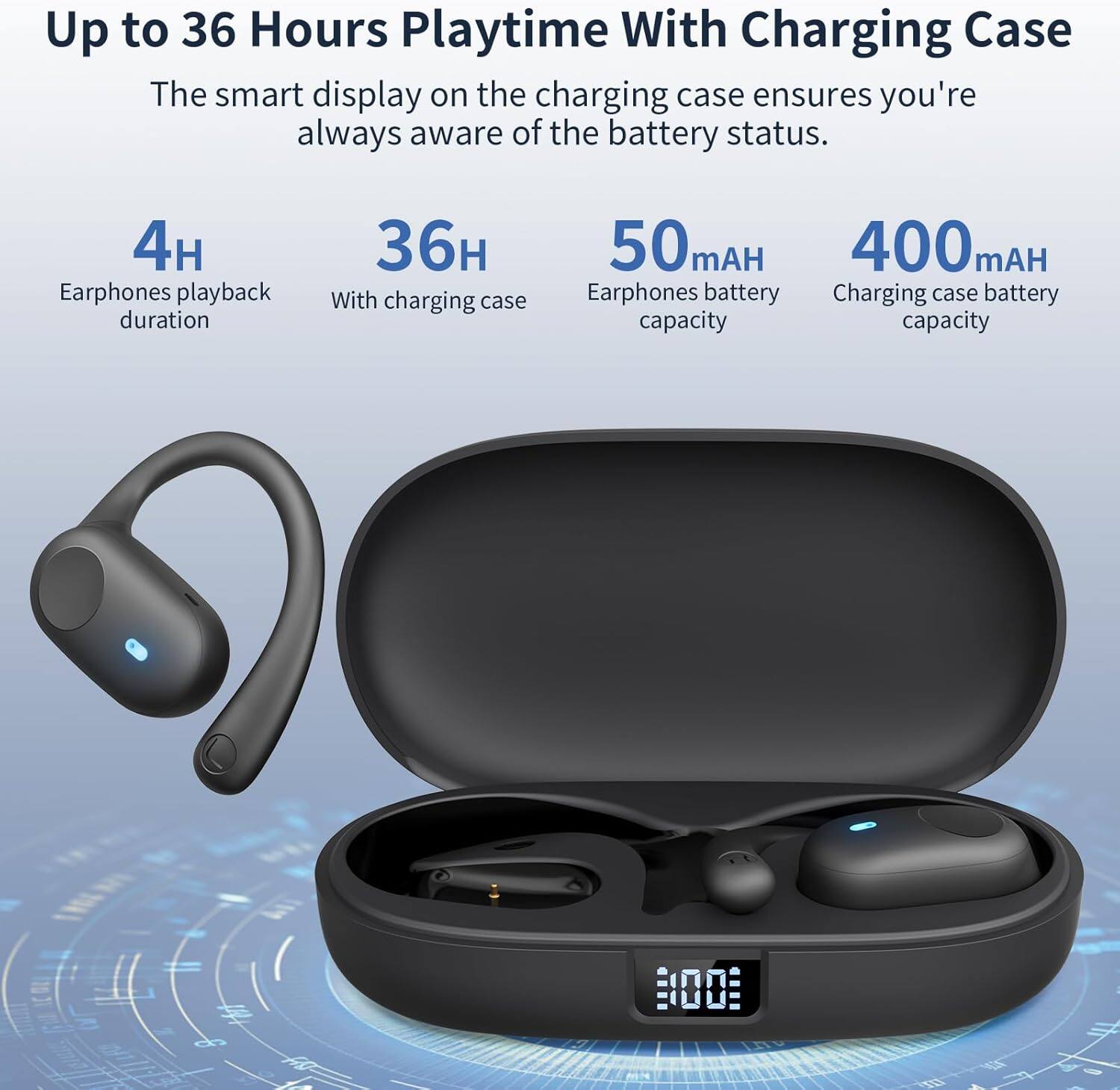 Up to 36 Hours Playtime With Charging Case

The smart display on the charging case ensures you're always aware of the battery status.

- 4H Earphones playback duration
- 36H With charging case
- 50 mAH Earphones battery capacity
- 400 mAH Charging case battery capacity