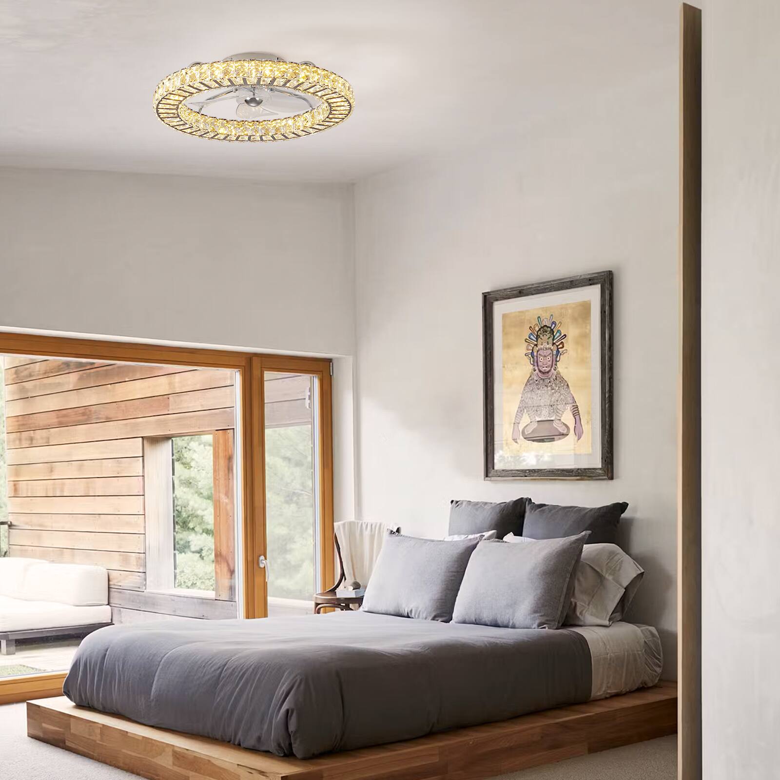 Back. Siljoy - 22 Inch Low Profile Crystal Flush Mount Ceiling Fan with Light, Nickel Finish, Dimmable LED Fan with Remote for Bedroom - Gold.
