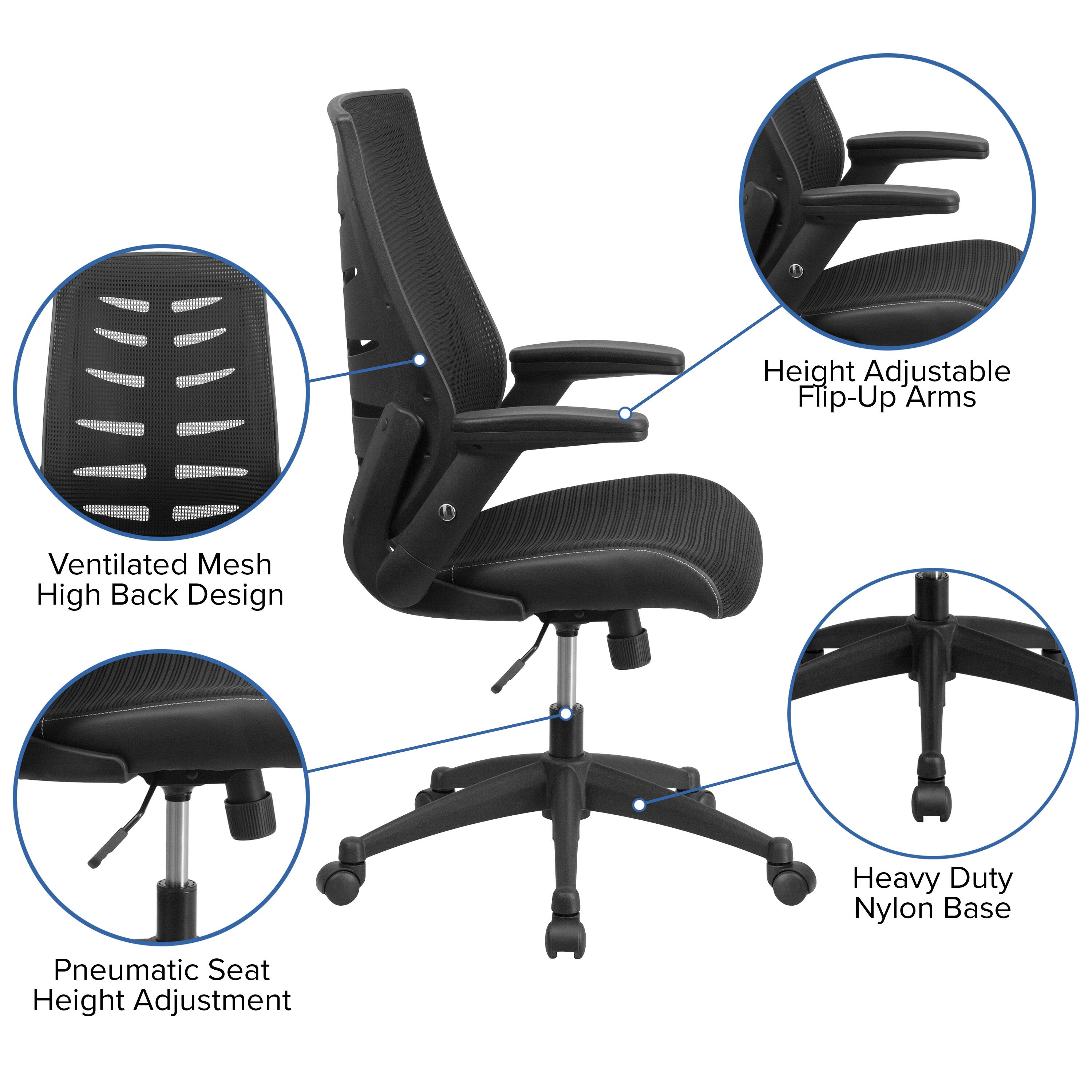 Height Adjustable Flip-Up Arms  
Ventilated Mesh High Back Design  
Heavy Duty Nylon Base  
Pneumatic Seat Height Adjustment