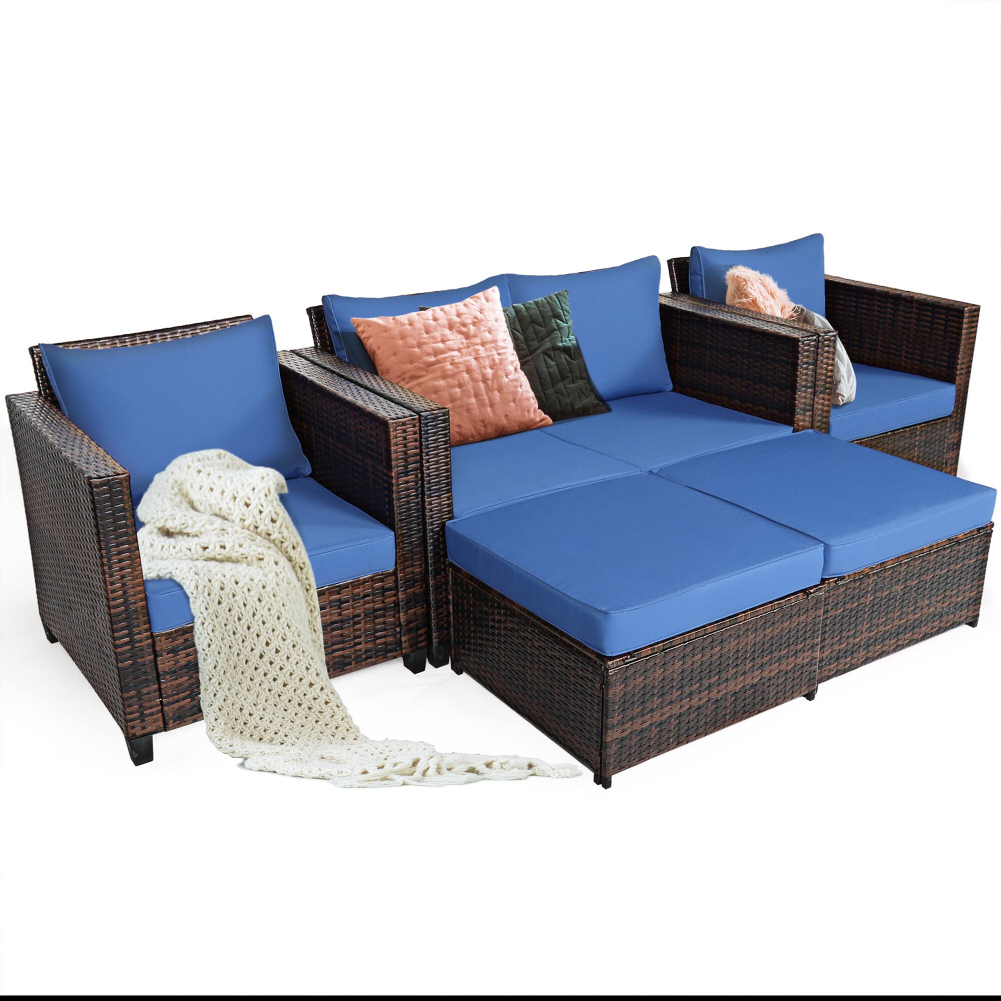 Alt View 1. Gymax - Gymax 5PCS Outdoor Patio Rattan Conversation Sofa Furniture Set w/ Navy Cushions - Navy.
