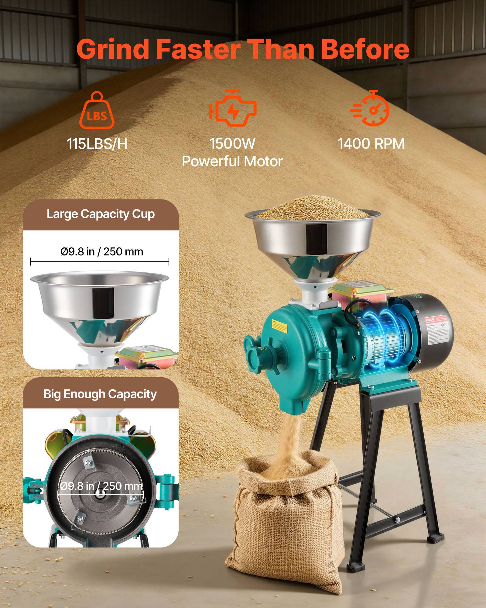 Grind Faster Than Before

- 115LBS/H
- 1500W Powerful Motor
- 1400 RPM

Large Capacity Cup
- 09.8 in / 250 mm

Big Enough Capacity
- 09.8 in / 250 mm