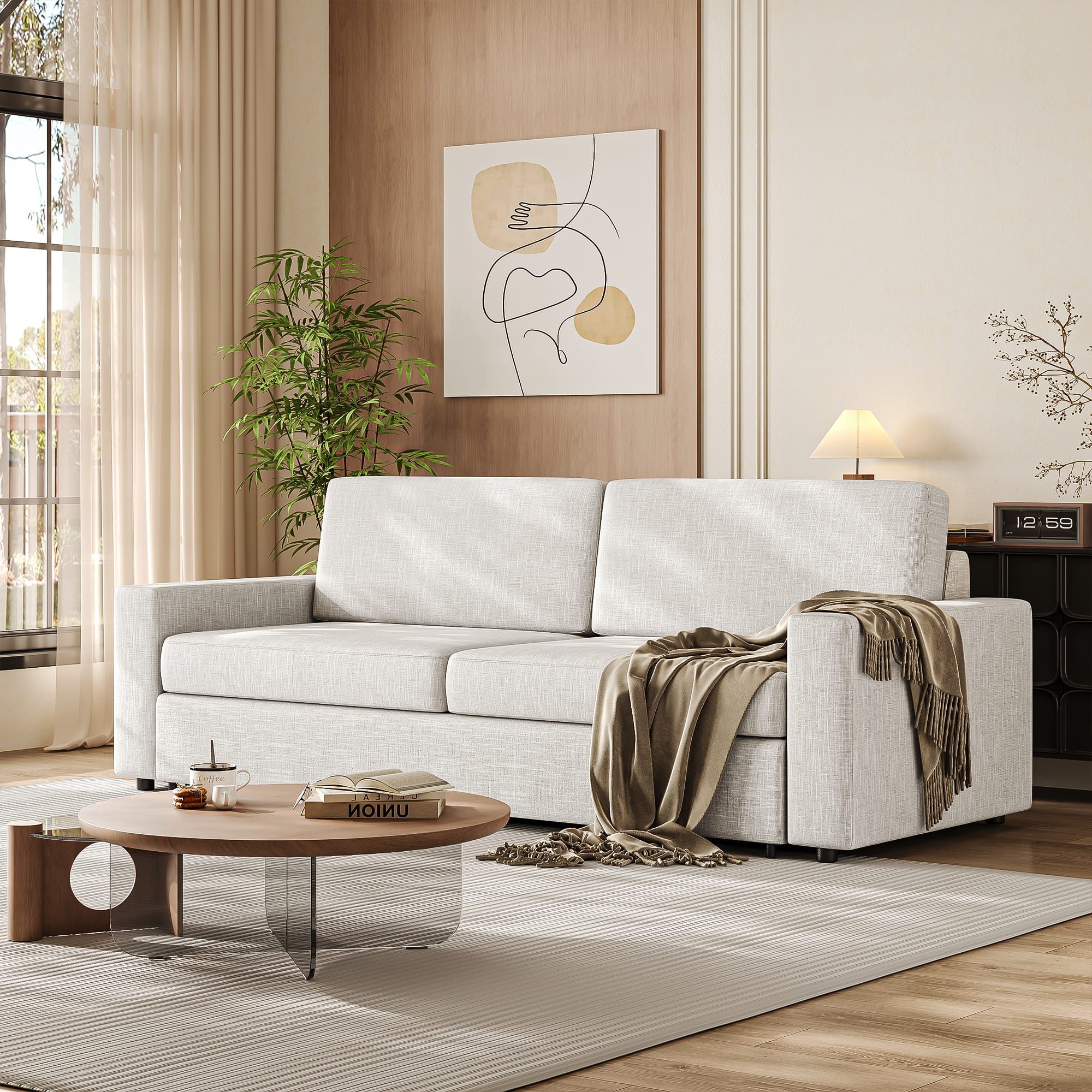 MSOOB - 88.6 Inch Convertible Sleeper Sofa Bed With Pull Out Queen Daybed, Light Gray Linen Futon Couch With Solid Wood Frame - Gray