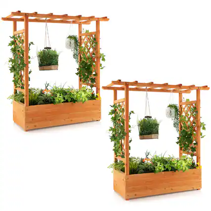 Front. Gymax - Gymax 2PCS Raised Garden Bed Planter Box w/ Side & Top Trellis for Vine Climbing Plants - Orange.