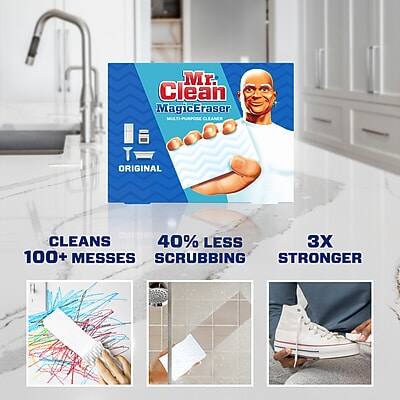 Mr. Clean MagicEraser  
Multi-Purpose Cleaner  
Original  

CLEANS 100+ MESSES  

40% LESS SCRUBBING  

3X STRONGER