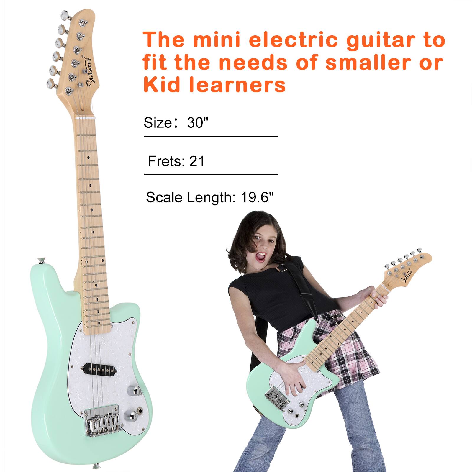 The mini electric guitar to fit the needs of smaller or Kid learners

Size: 30"

Frets: 21

Scale Length: 19.6"