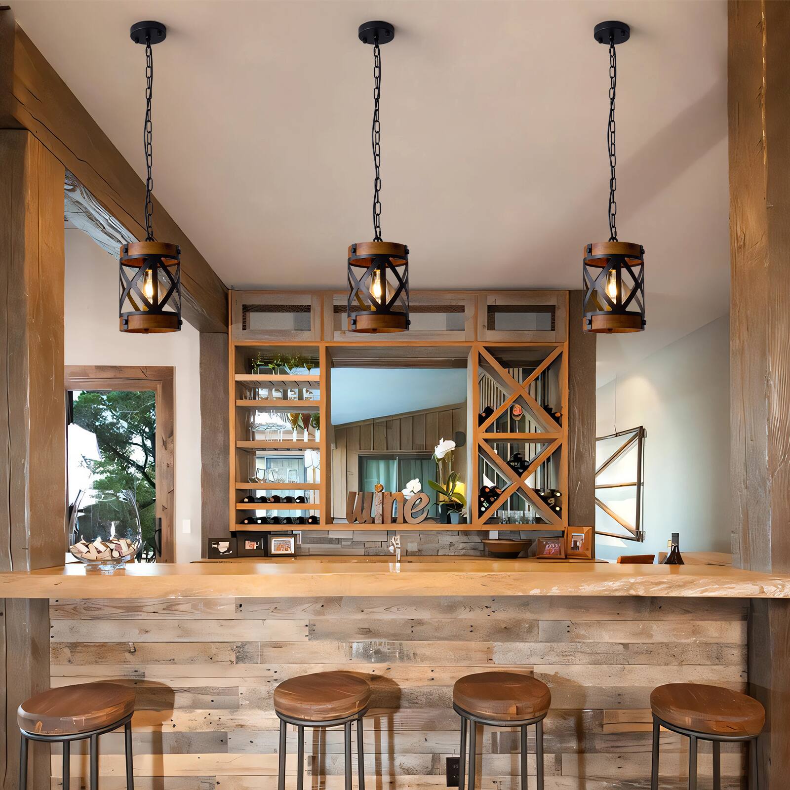 Alt View 4. Siljoy - 7-In Industrial Cage Pendant Light Black Wood Grain Lantern E26 Adjustable Height Kitchen Dining Entryway - Brown.