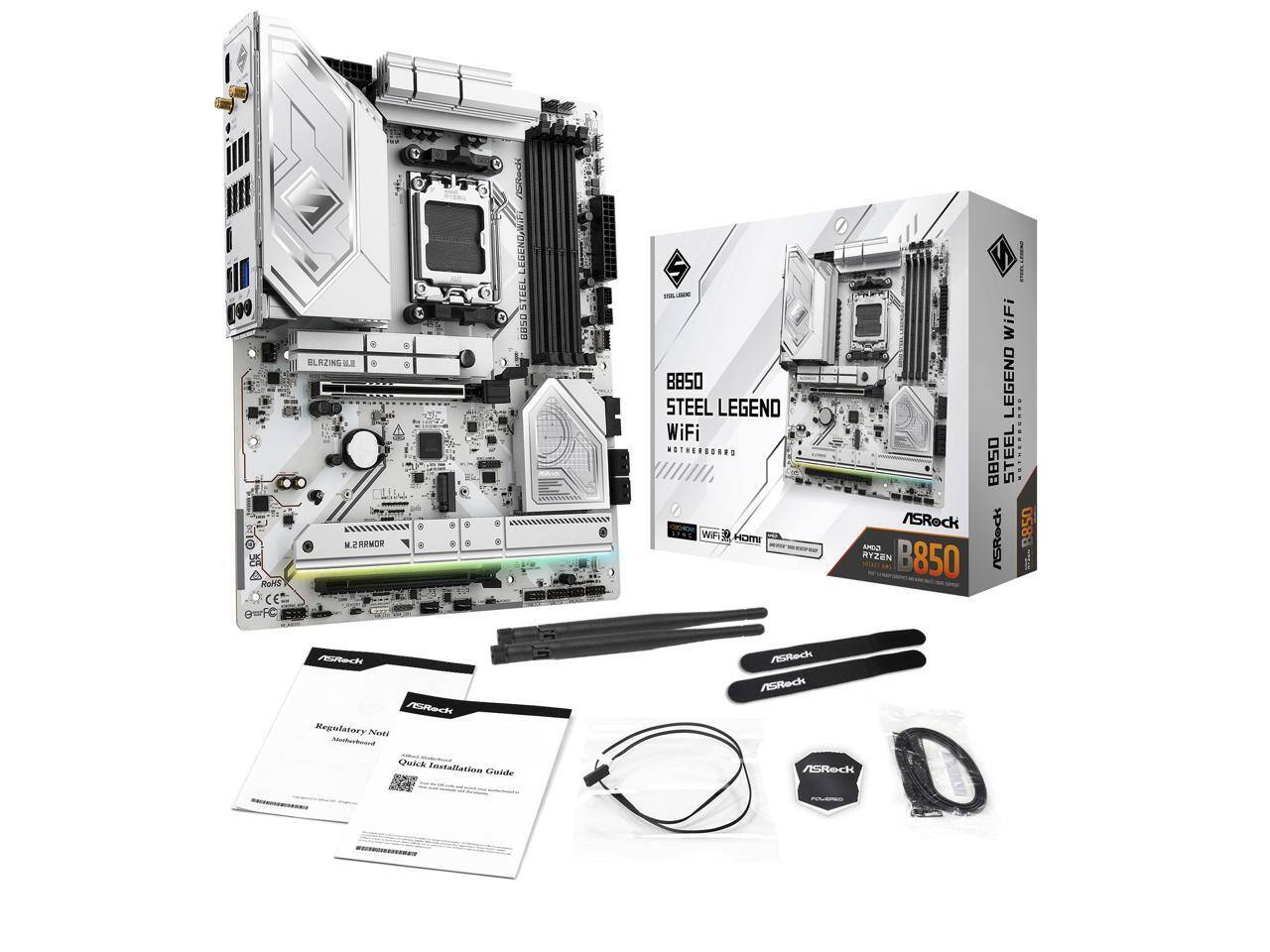 B850 STEEL LEGEND WiFi  
Motherboard  

B850 STEEL LEGEND WiFi  
ASRock  

Regulatory Notice  
Motherboard  

Quick Installation Guide  

ASRock  
B850  
AMD Ryzen  

WiFi 6  
HDMI  

M.2 Armor  

CE  
FC