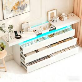 Vipbear - Modern 6 Drawers with Sliding Desktop, with Charging Station & LED Lights, Large Storage Tower Clothes Organizer - White