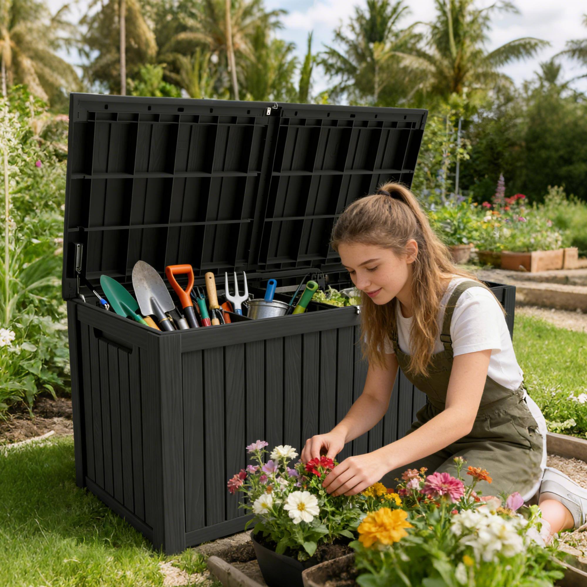 Angle. Yardgrace - 220 Gallon Outdoor Storage Box Waterproof Lockable Resin Deck Box , Patio Storage Bin for Accessories.