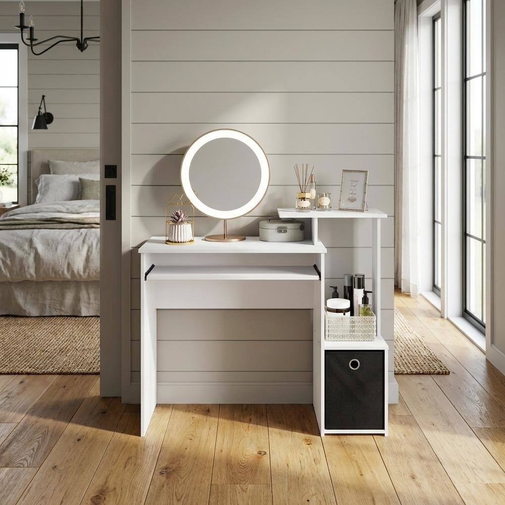 Angle. BisonOffice - White gaming desk with keyboard tray, side shelves,, storage bin for home office - White.