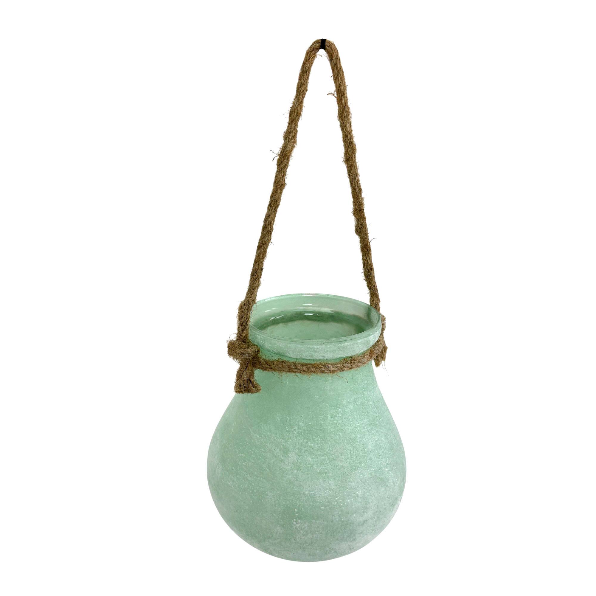 Alt View 1. India House Brass - Frosted Green Hanging Glass Lantern Vase with Rope Handle 15.75 In - Green.
