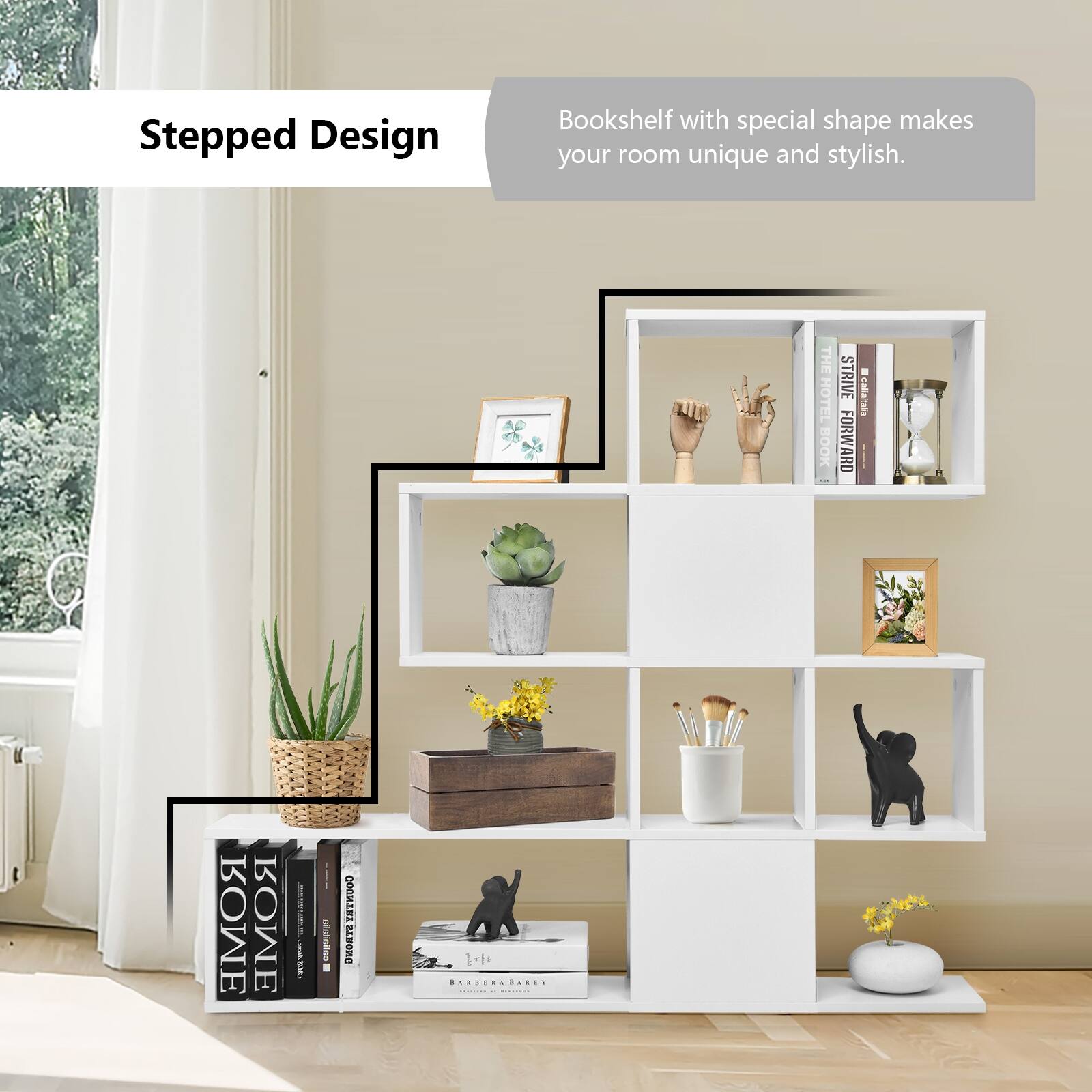 Stepped Design Bookshelf with a special shape makes your room unique and stylish. The Hotel Book: Strive Forward by collatala is a great addition to your collection.