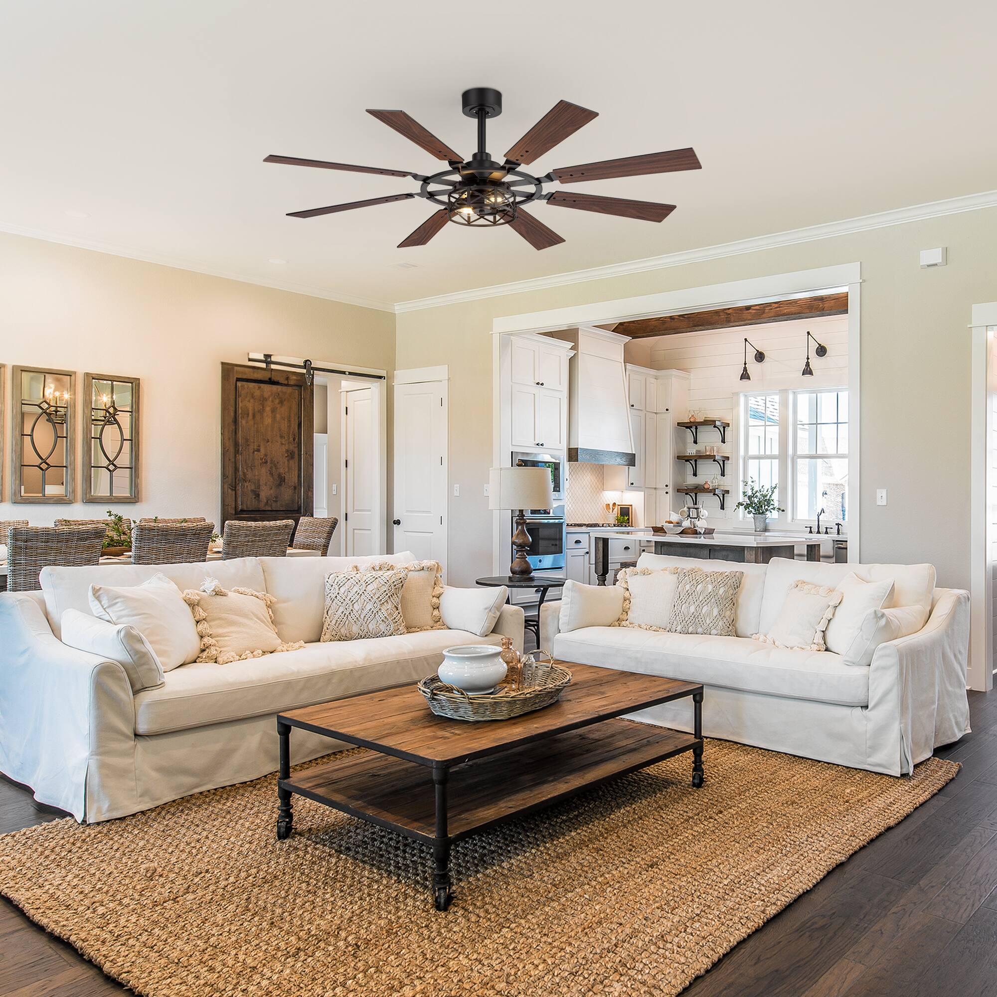 Alt View 4. Breezary - 52'' Indoor Ceiling Fan with Light and Remote , 8 Reversible Blades, Timer, 6-Speed DC Motor, 4″& 8″ Downrod - Matte Black.