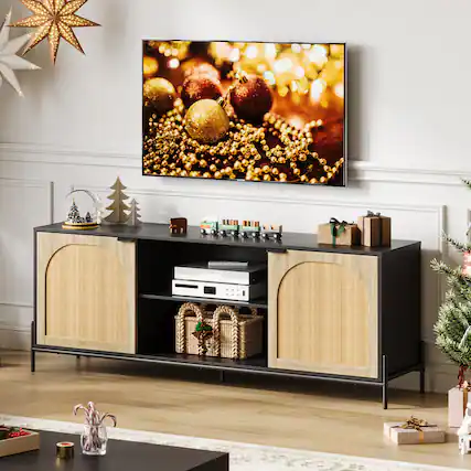 Front. Acekool - Rattan TV Stand for 75 Inch TV, TV Console with Adjustable Shelf, Entertainment Center with Storage - Black.