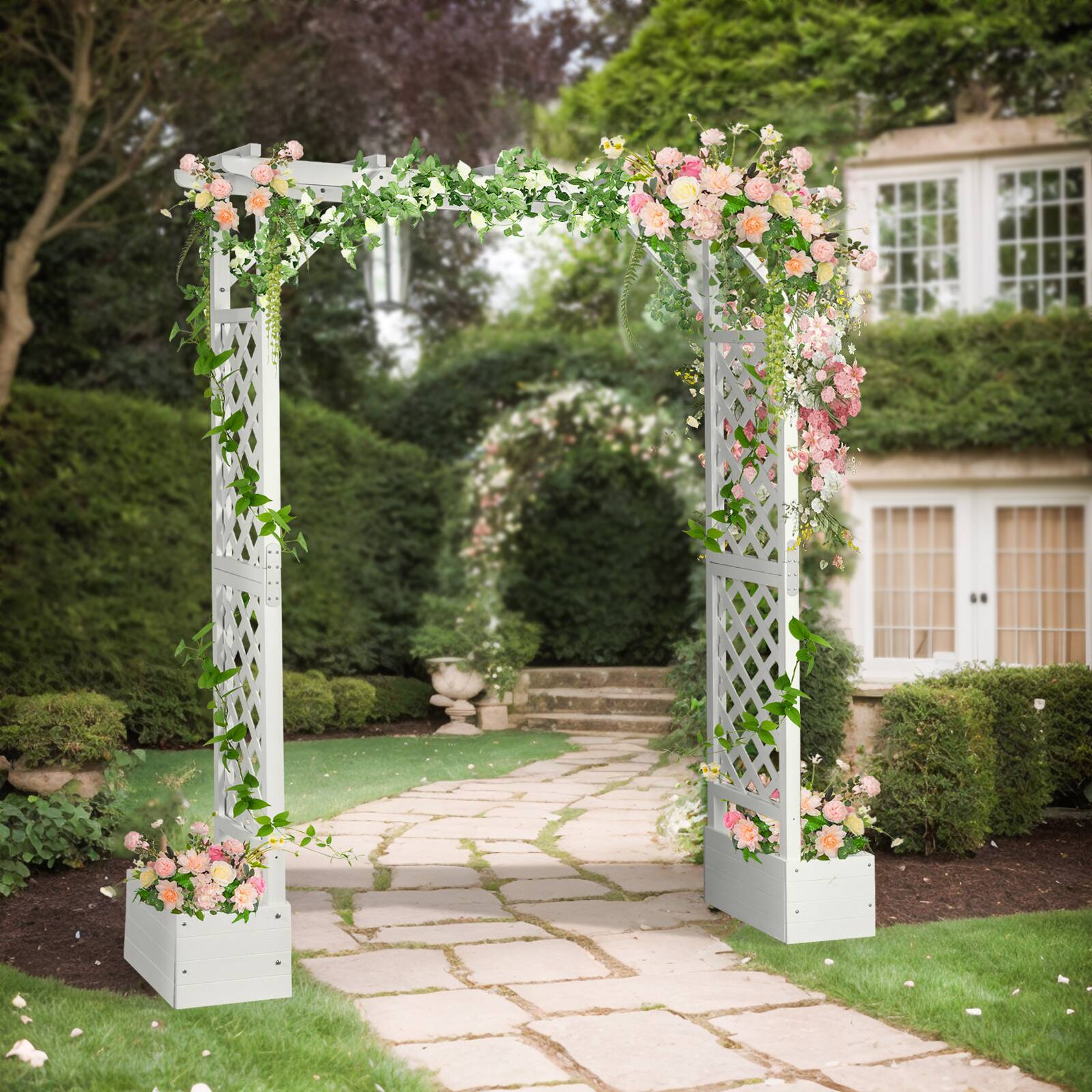 Alt View 5. Winado - ​7.2 FT Flat Top Wooden Arch with Planting Frame for Outdoor Ceremony Party Decoration - White.