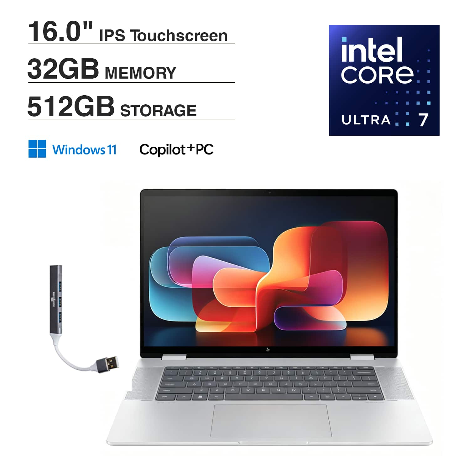 HP - Envy x360 2-in-1 Laptop 16.0 WUXGA (Intel Ultra 7 155U, 32GB LPDDR5, 512GB SSD, Win 11 Home) w/USB Hub - Silver