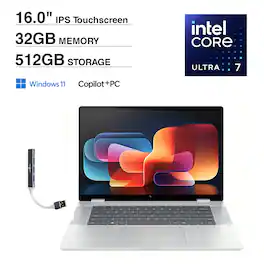 HP - Envy x360 2-in-1 Laptop 16.0 WUXGA (Intel Ultra 7 155U, 32GB LPDDR5, 512GB SSD, Win 11 Home) w/USB Hub - Silver