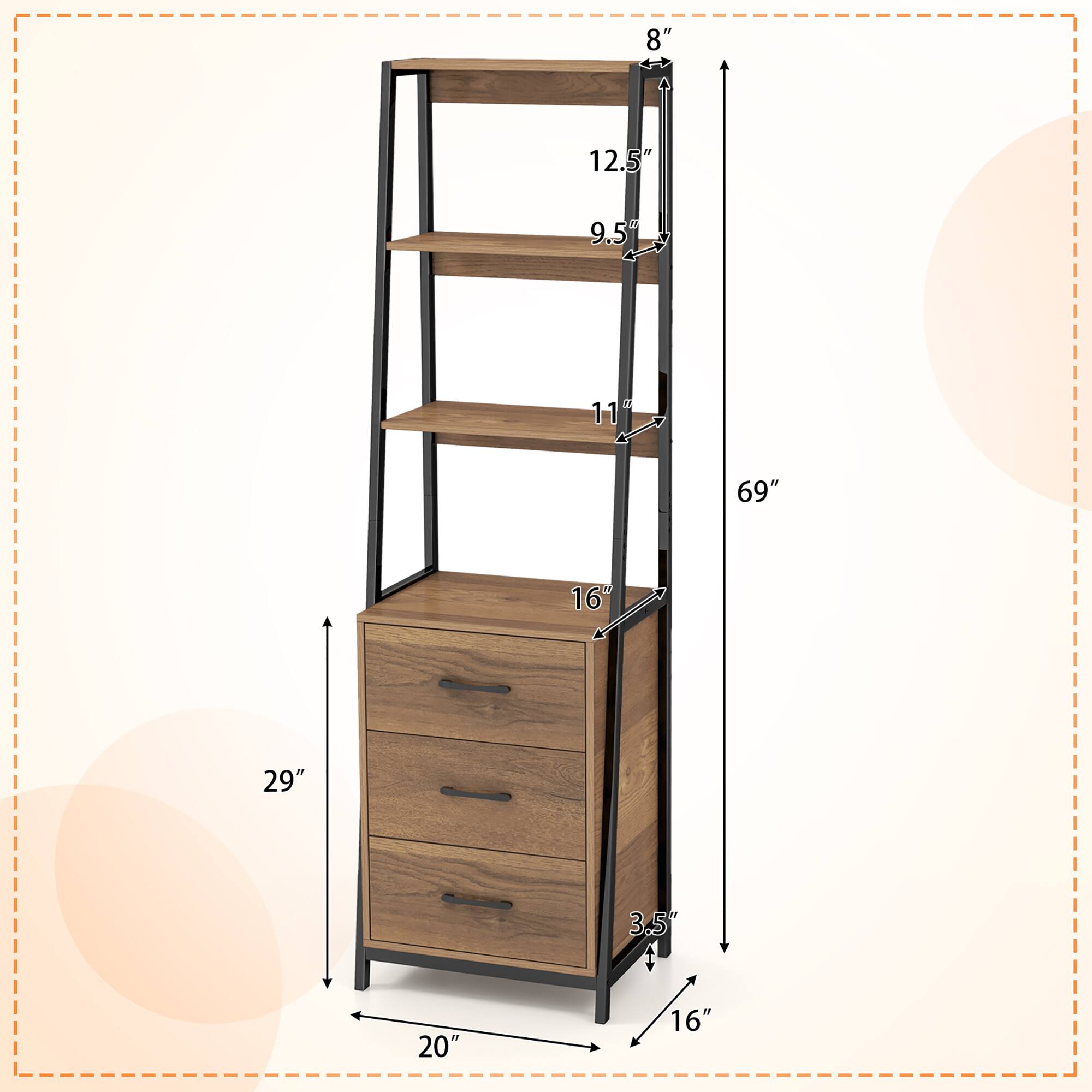 Shelf height: 8", 12.5", 9.5", 11", 69"

Dresser height: 29"

Dresser width: 20"

Dresser depth: 16"

Shelf depth: 3.5"