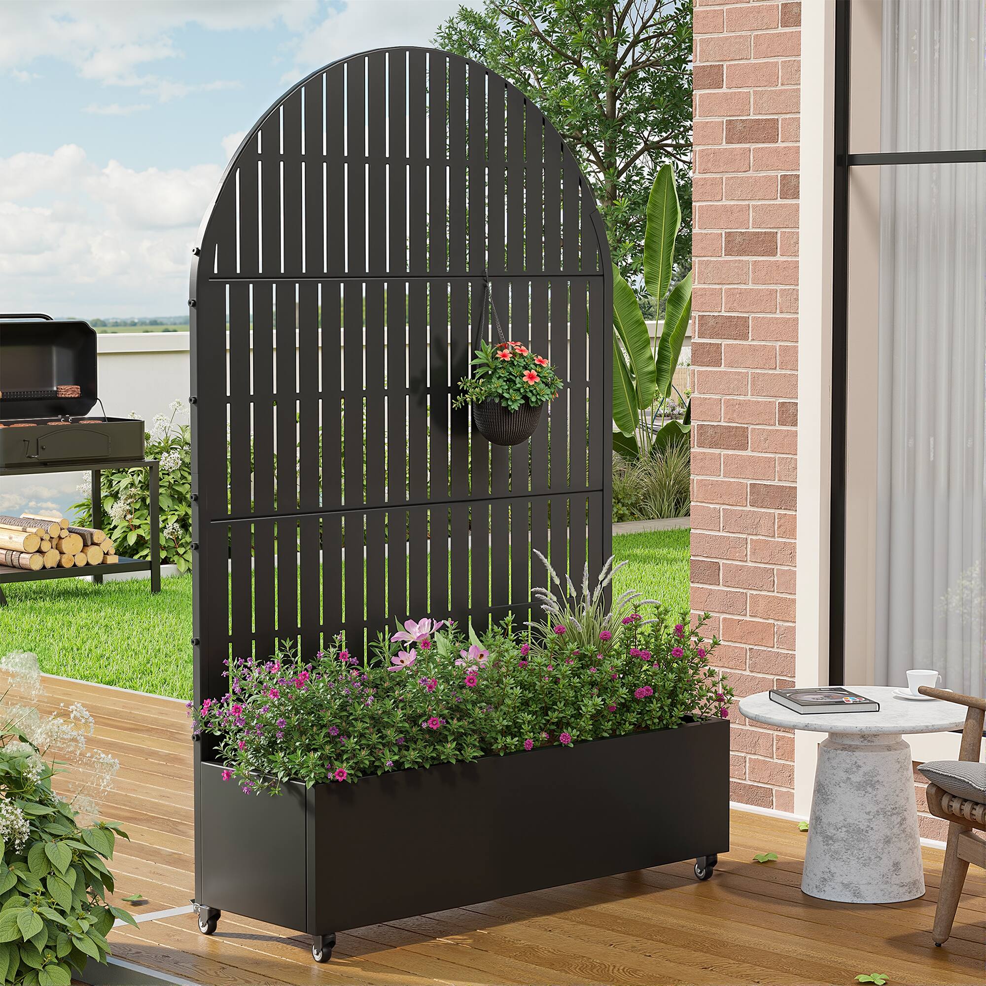 Alt View 1. PexFix - 72 in. H x 47 in. W Slat Pattern Arch Metal Planter Box Raised Garden Beds with Trellis-Ideal for Balcony - Black.