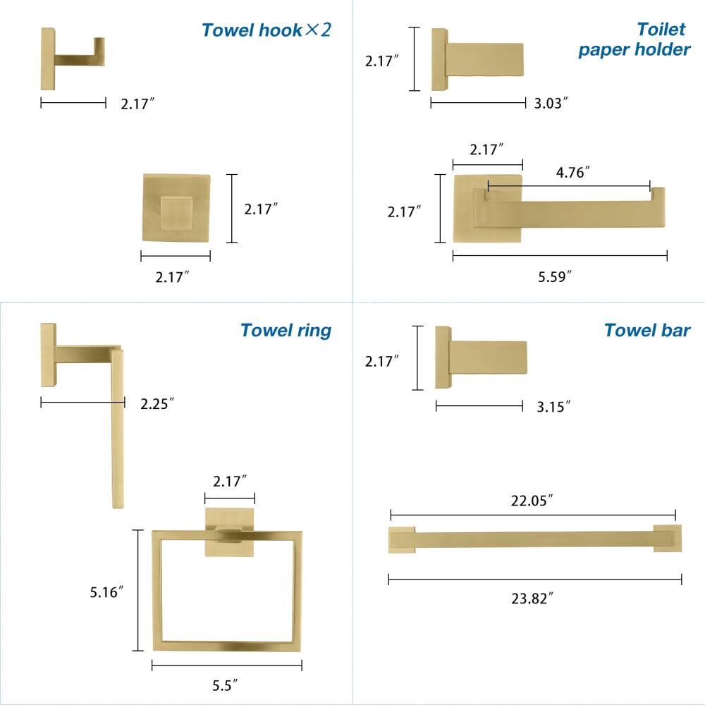 2.17" Towel hook x2  
2.17" Toilet paper holder  
3.03"  
2.17"  
4.76"  
2.17"  
5.59"  
2.17" Towel ring  
2.17" Towel bar  
2.25"  
3.15"  
22.05"  
5.16"  
23.82"  
5.5"