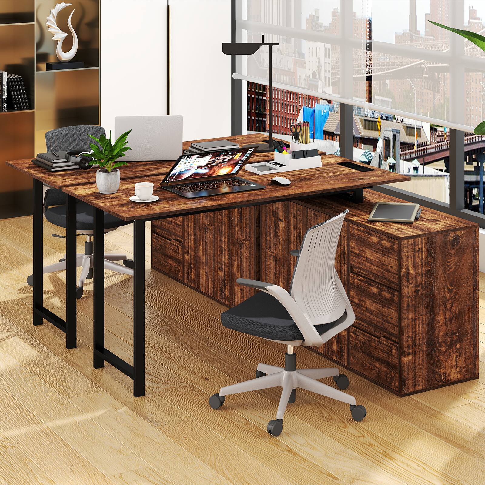 Alt View 4. Costway - Costway 54.5" L-Shaped Computer Desk with File Cabinet, 3 Drawers & Charging Station - Rustic Brown & Black.